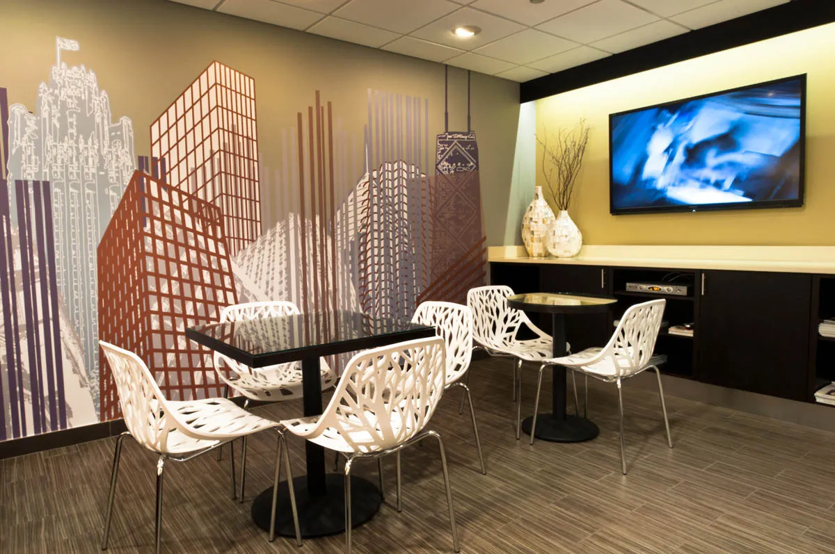 model living room with furnishings at One Superior Place Apartments