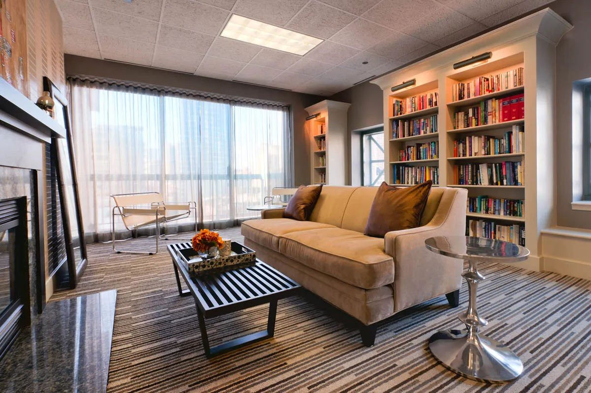 model living room with furnishings at One Superior Place Apartments