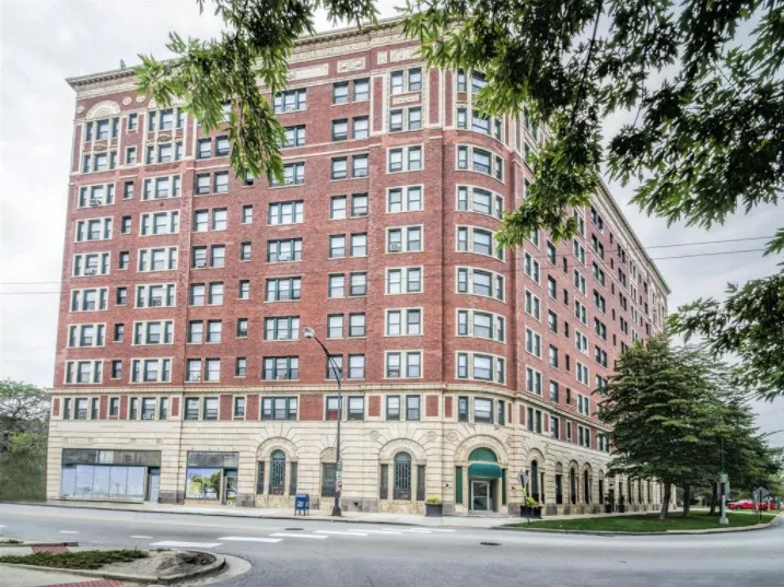 exterior of brick apartment building in South Shore neighborhood of Chicago, IL
