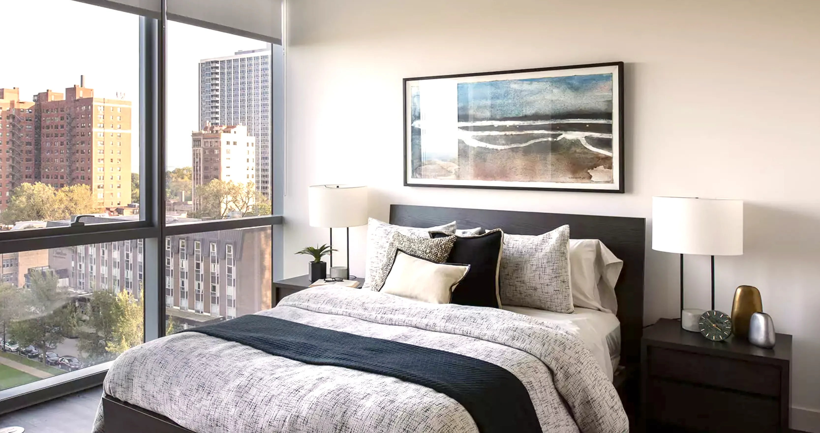living room with view of Lake Michigan at Eight Eleven Uptown Apartments