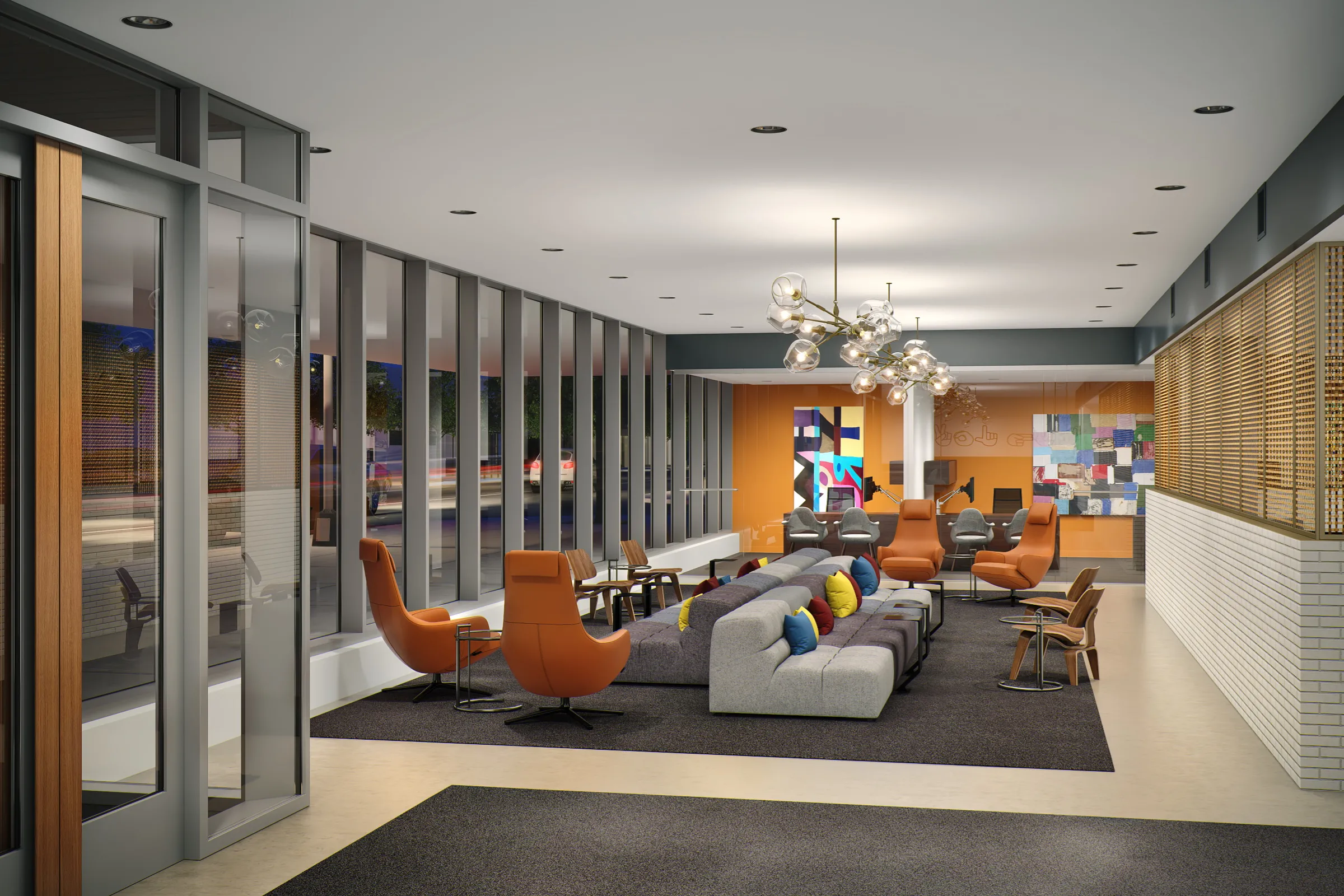 loft like model living room with view of skyline at Spoke Apartments