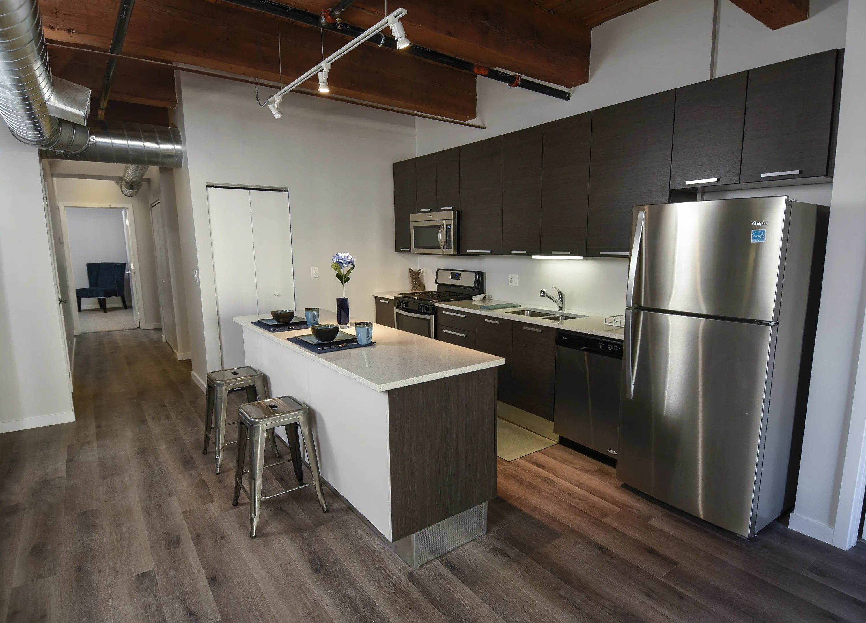 model kitchen and island at the Fairfax Lofts in the South Loop