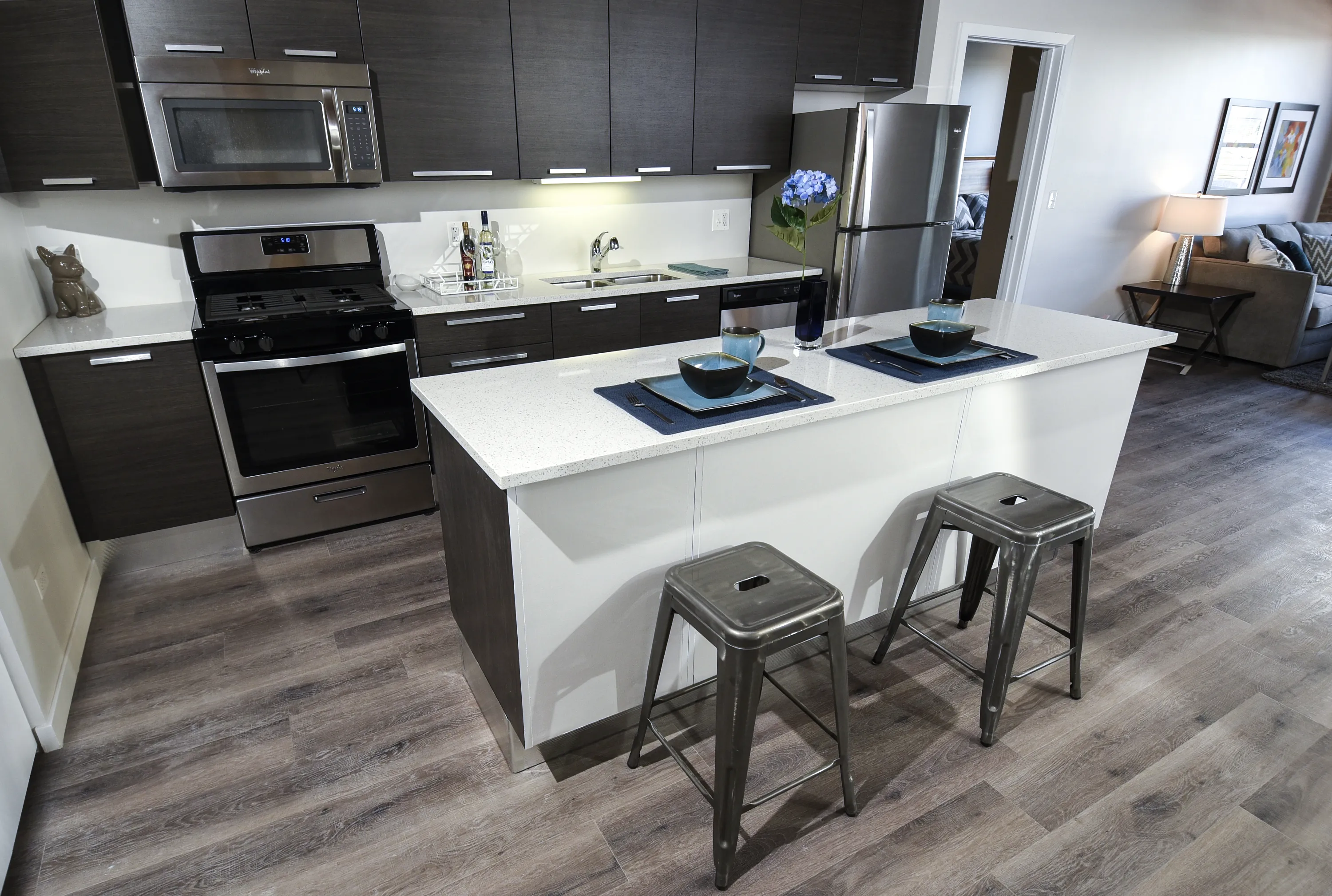 model kitchen and island at the Fairfax Lofts in the South Loop