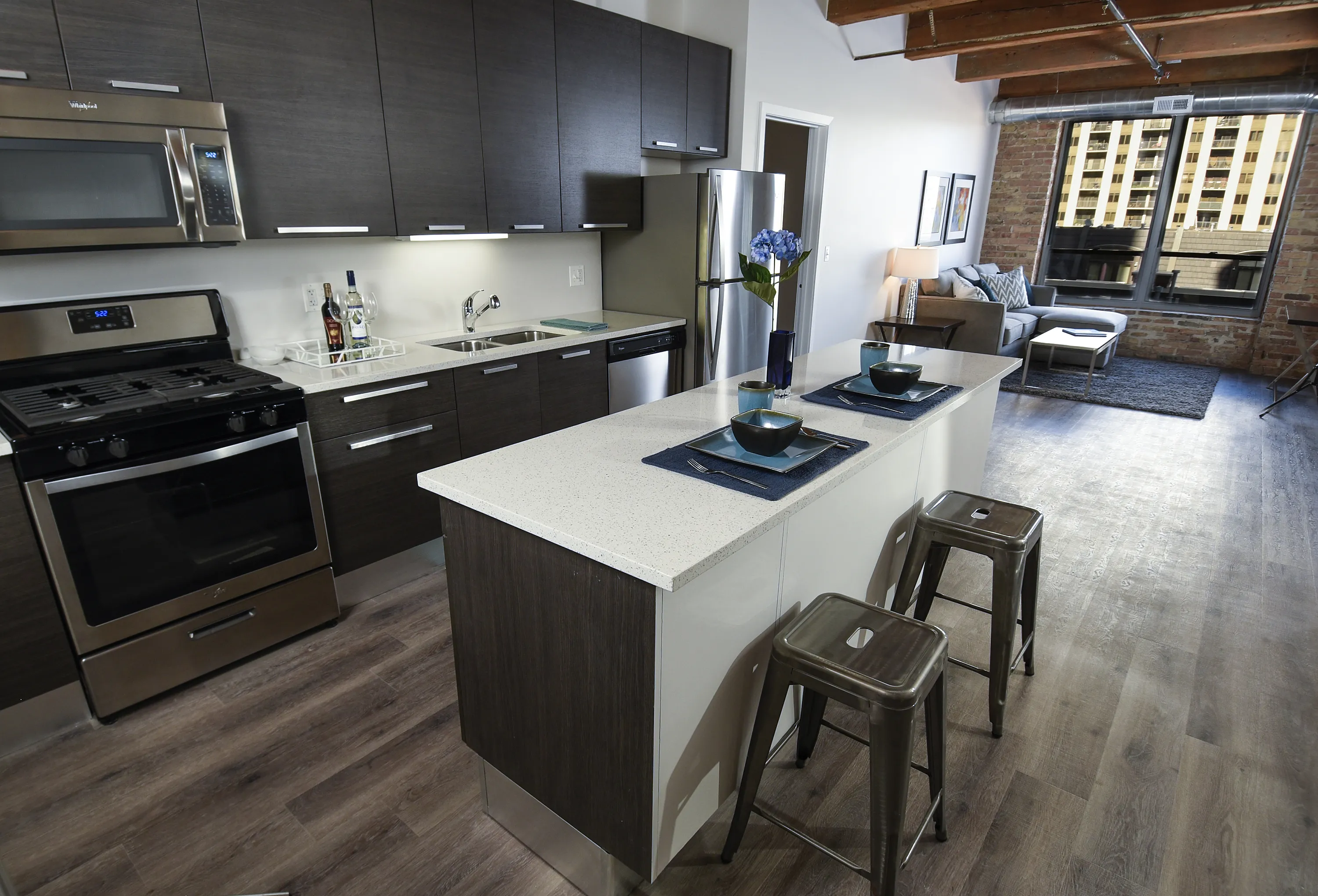 model kitchen and island at the Fairfax Lofts in the South Loop