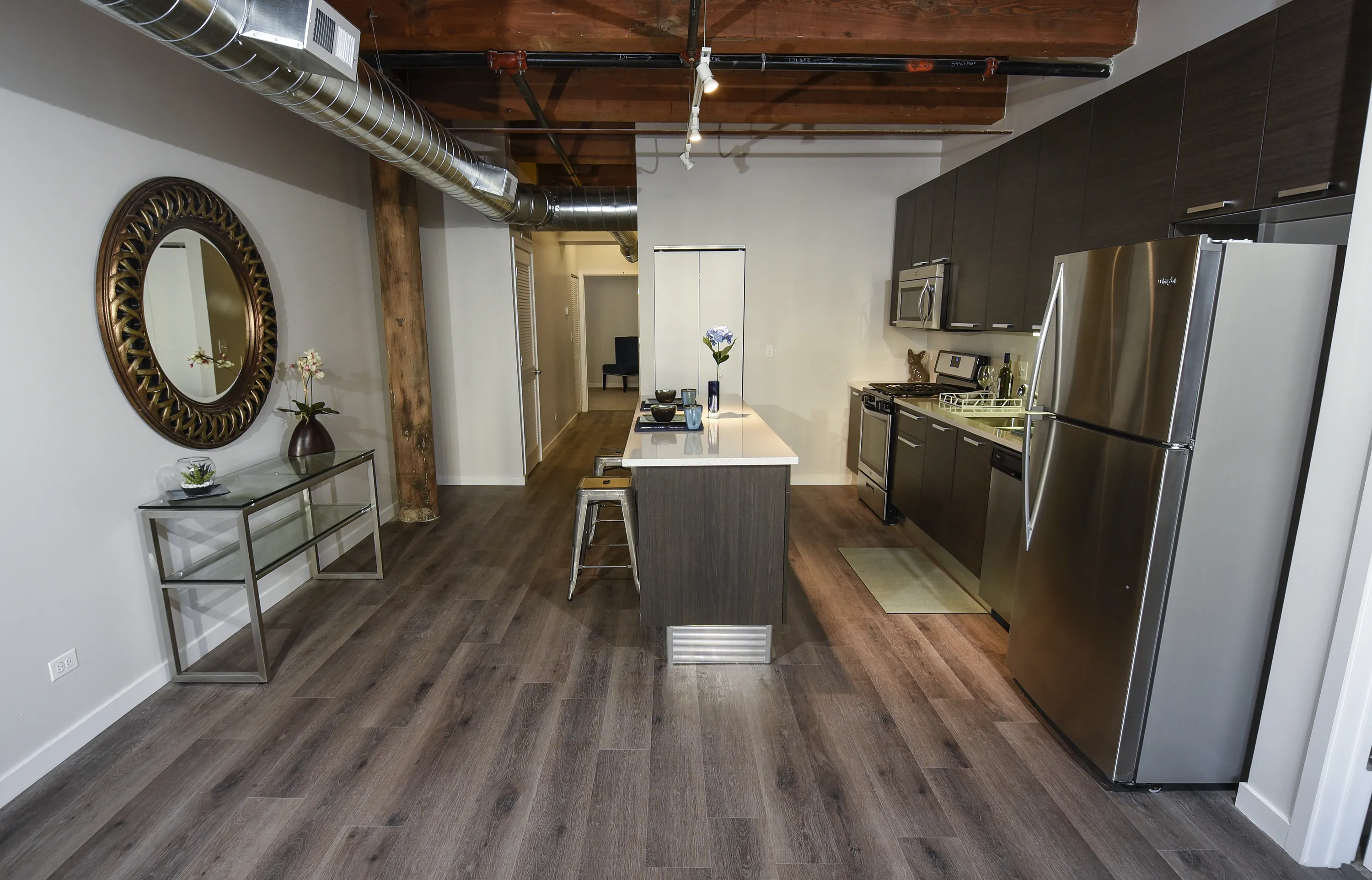 model kitchen and island at the Fairfax Lofts in the South Loop