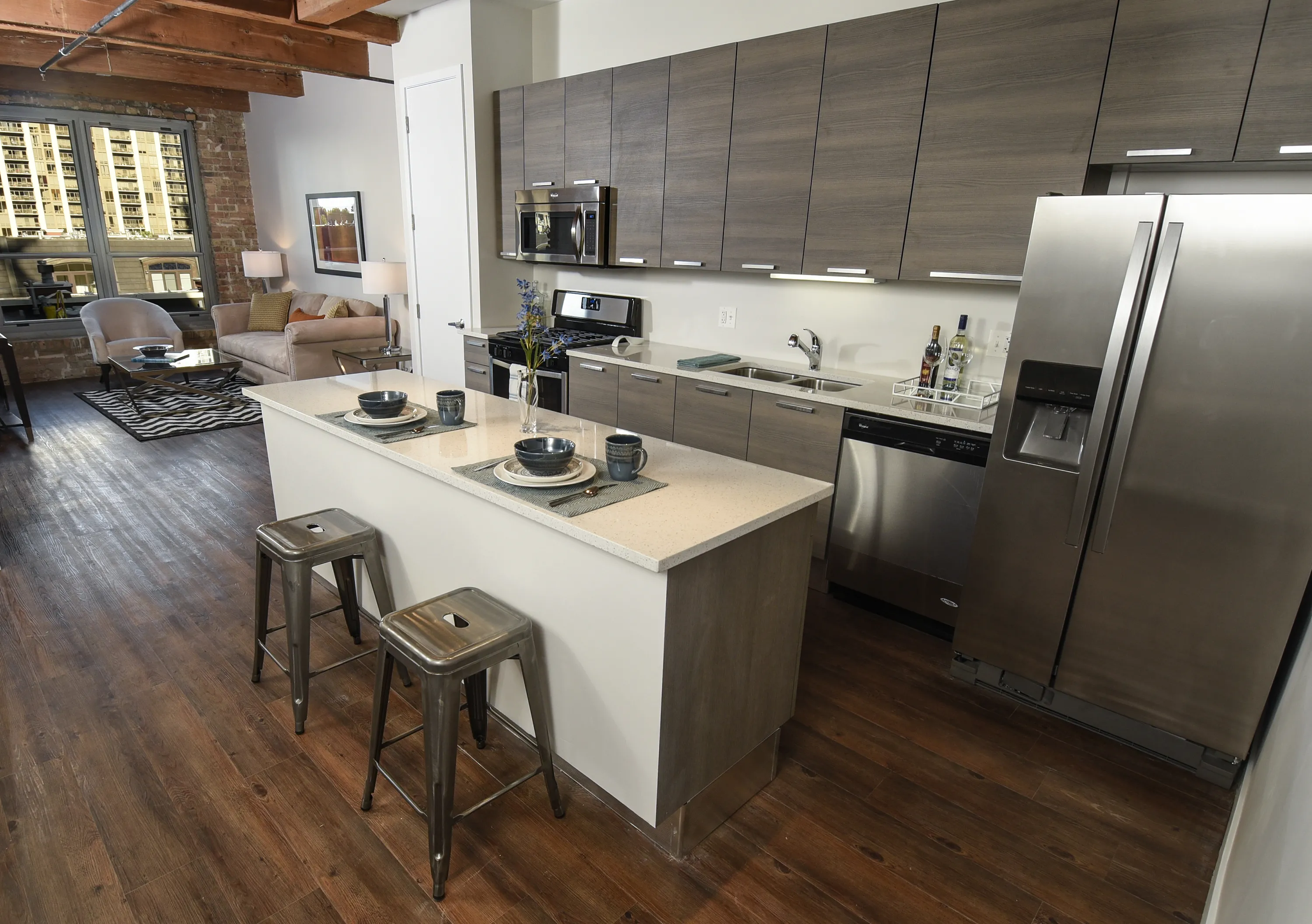 model kitchen and island at the Fairfax Lofts in the South Loop