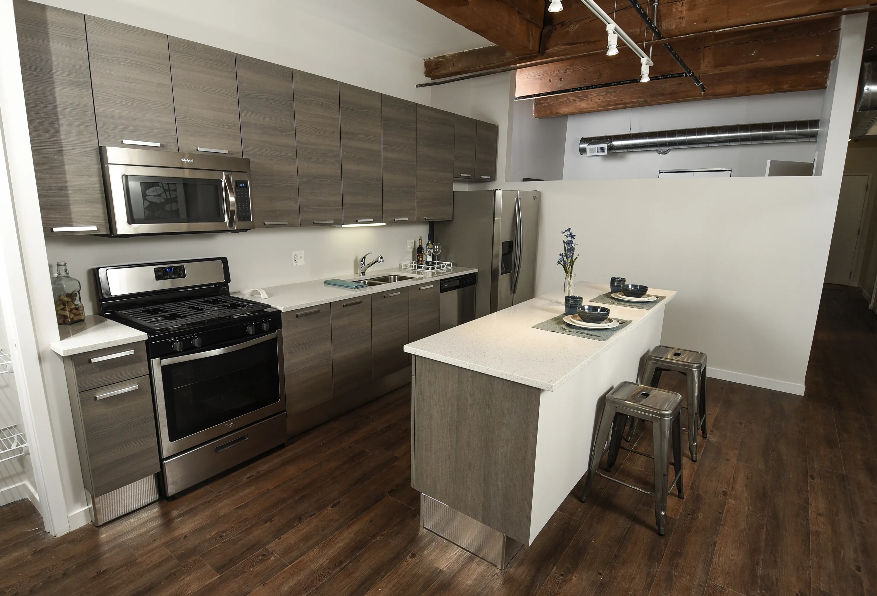 model kitchen and island at the Fairfax Lofts in the South Loop