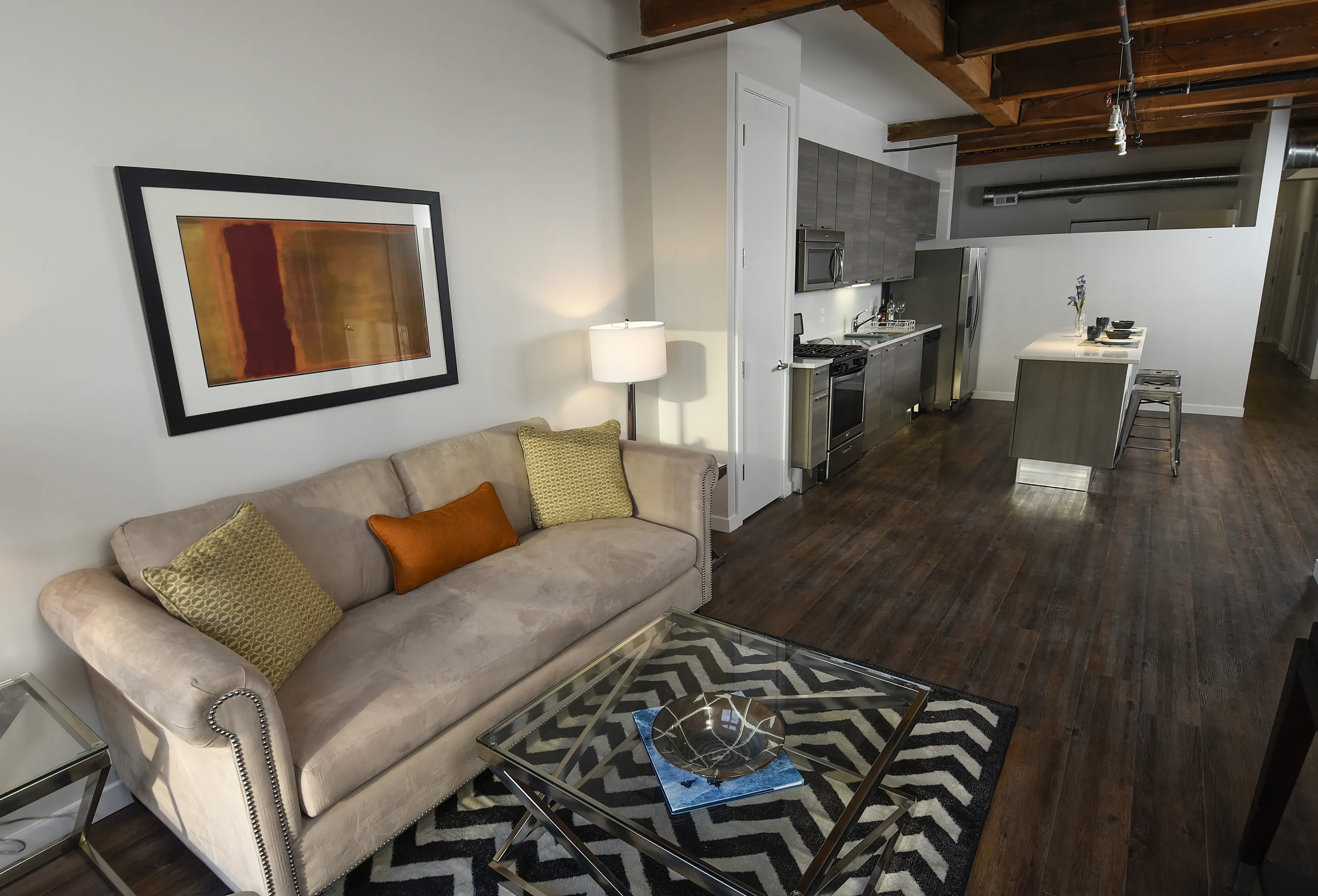 model kitchen and island at the Fairfax Lofts in the South Loop