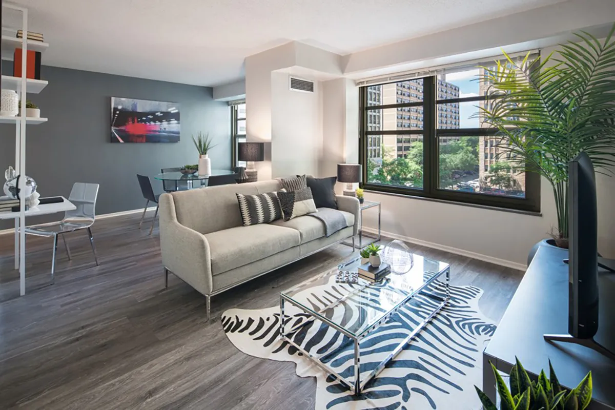 living room and view at Twin Towers Apartments in Hyde Park Chicago
