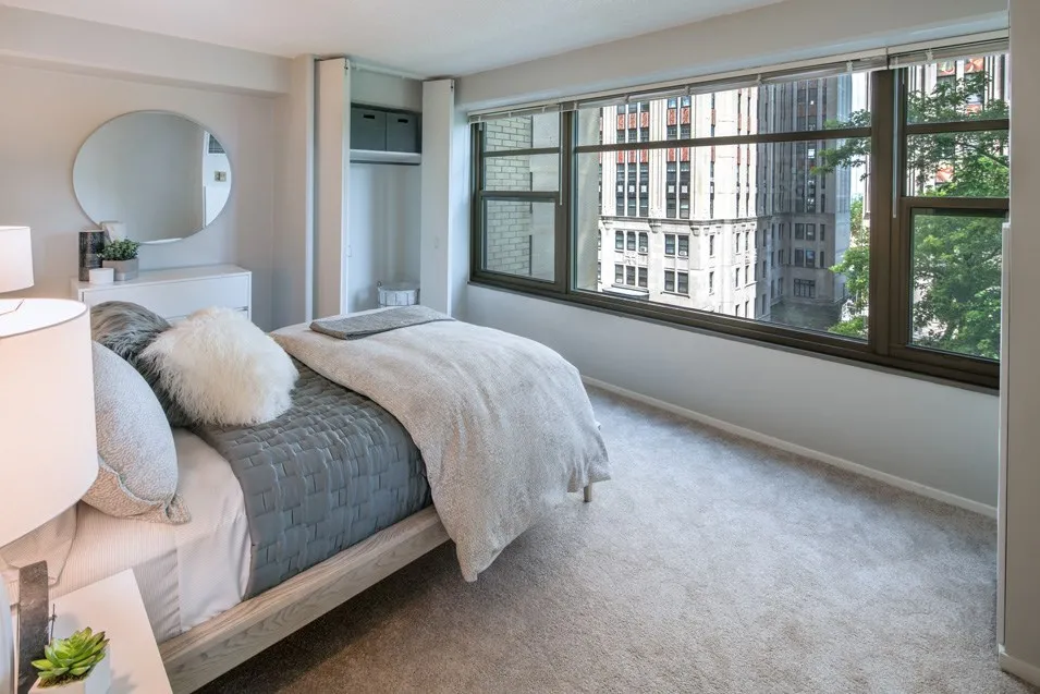 living room and view at Twin Towers Apartments in Hyde Park Chicago