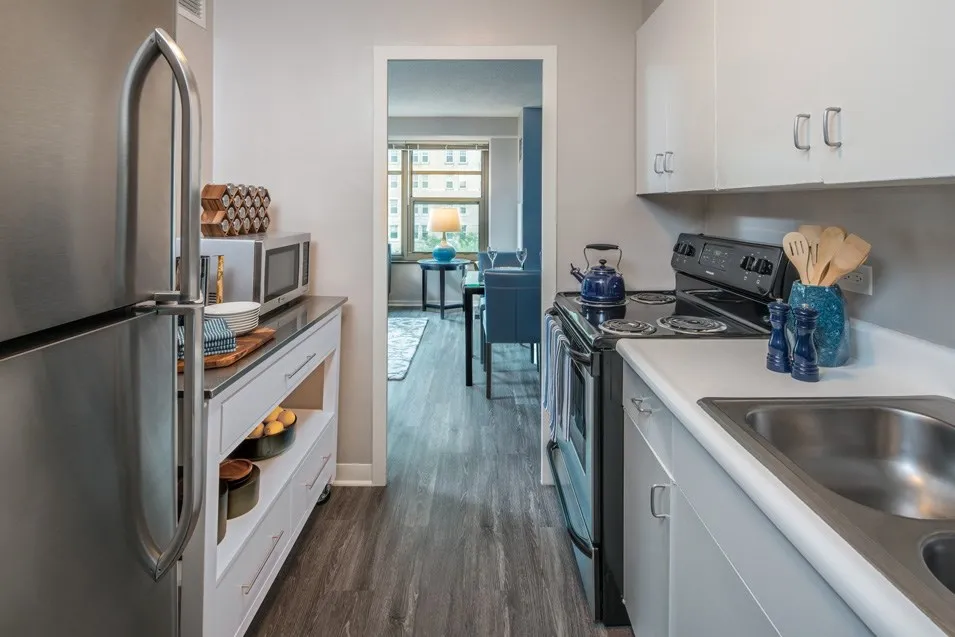 living room and view at Twin Towers Apartments in Hyde Park Chicago