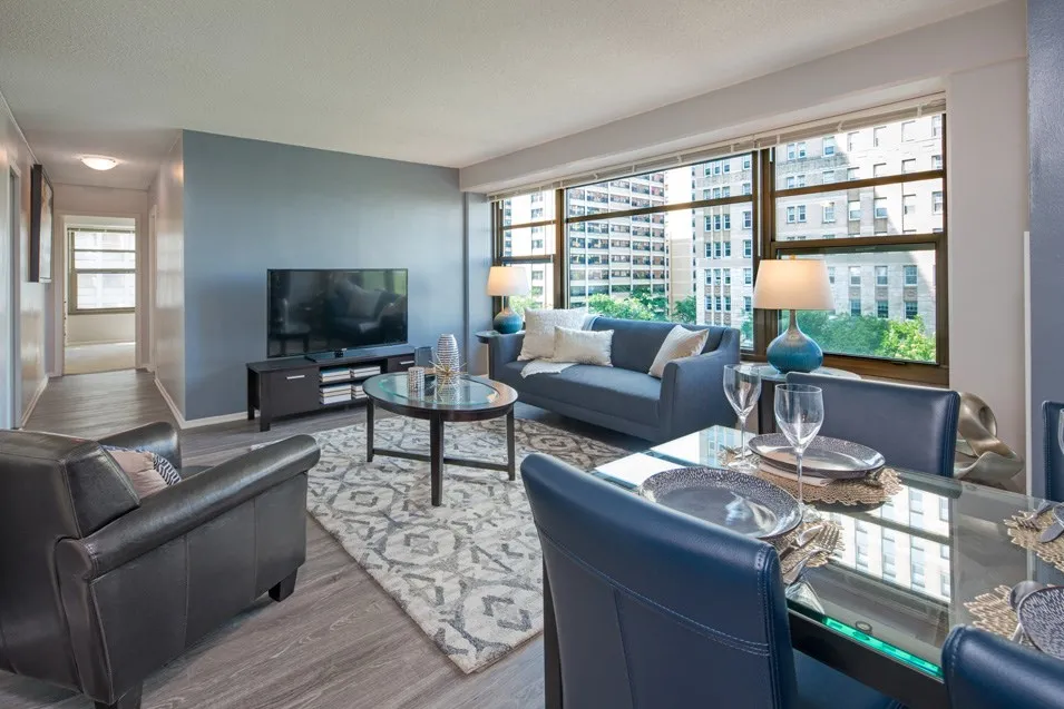 living room and view at Twin Towers Apartments in Hyde Park Chicago