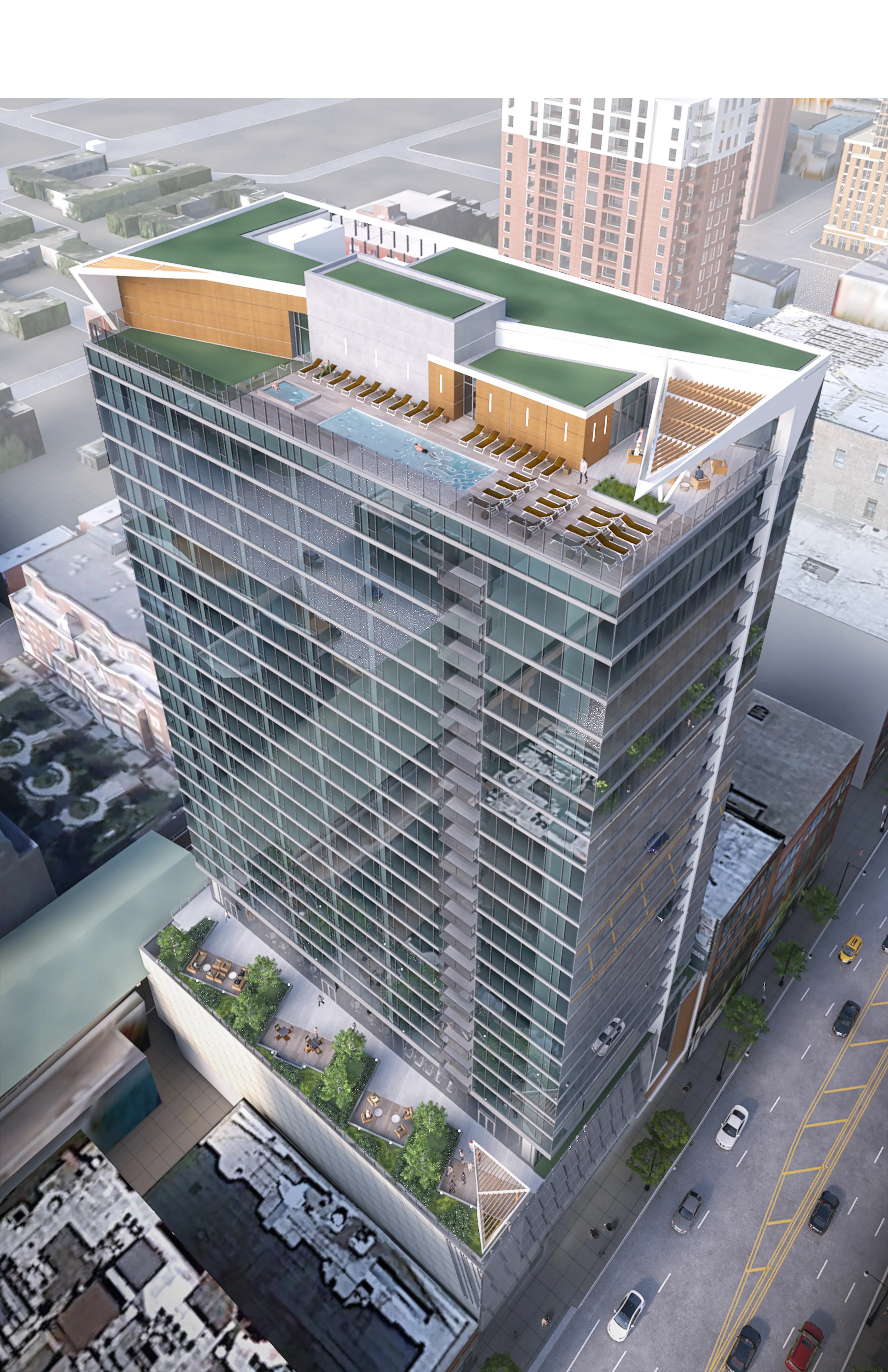 kitchen island, living area and view of the lake at Eleven40 Apartments