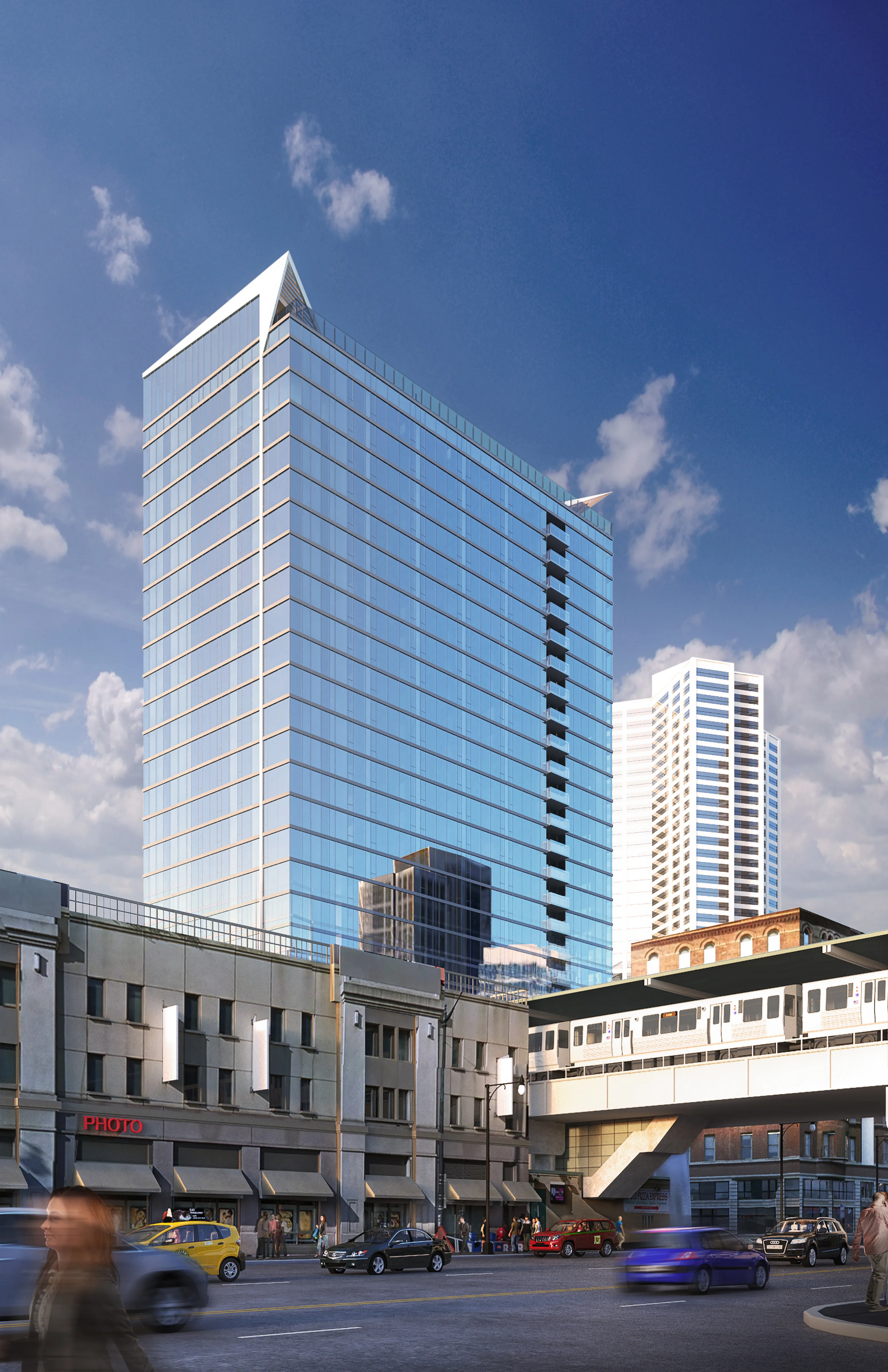 kitchen island, living area and view of the lake at Eleven40 Apartments