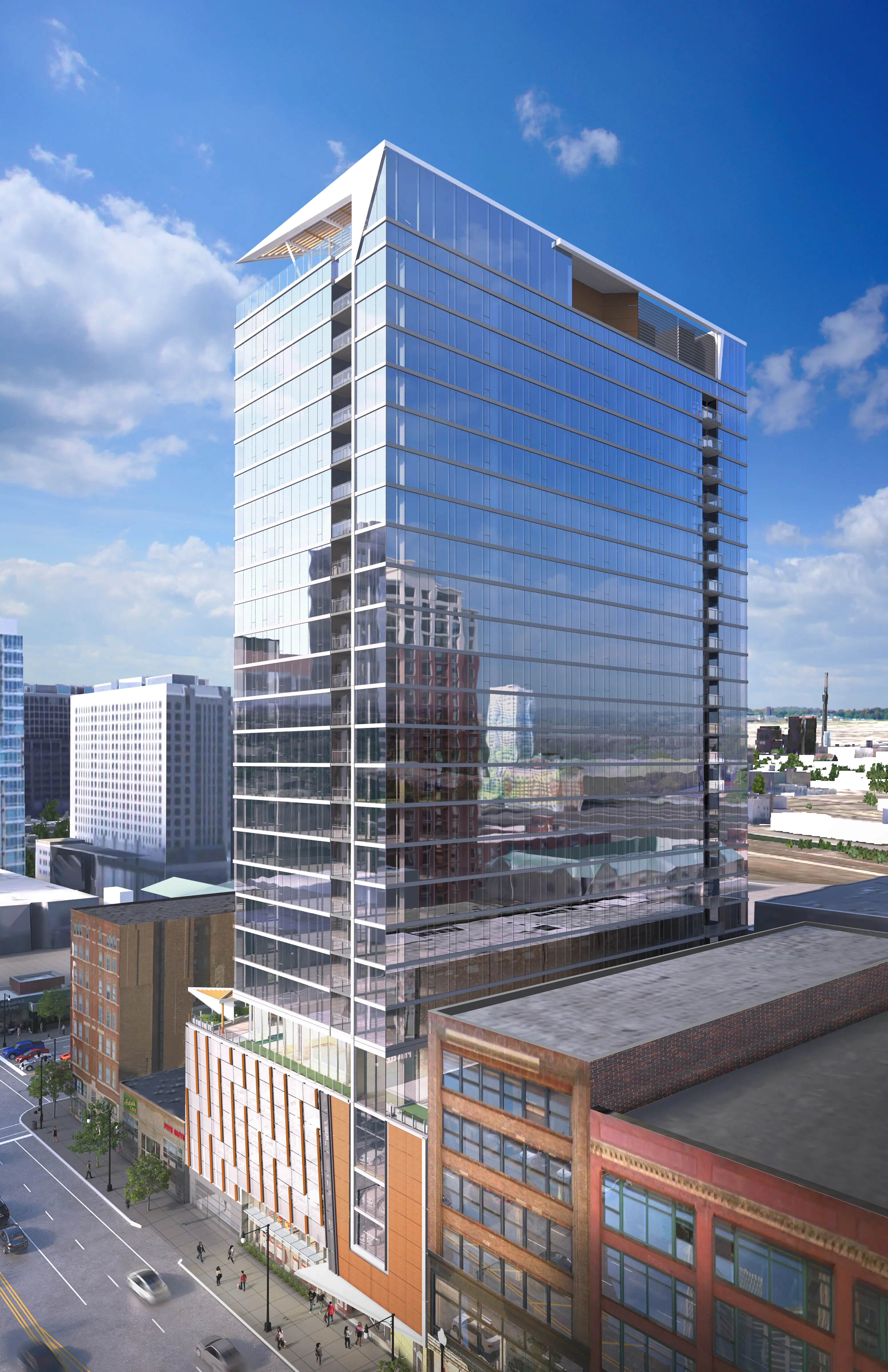 kitchen island, living area and view of the lake at Eleven40 Apartments