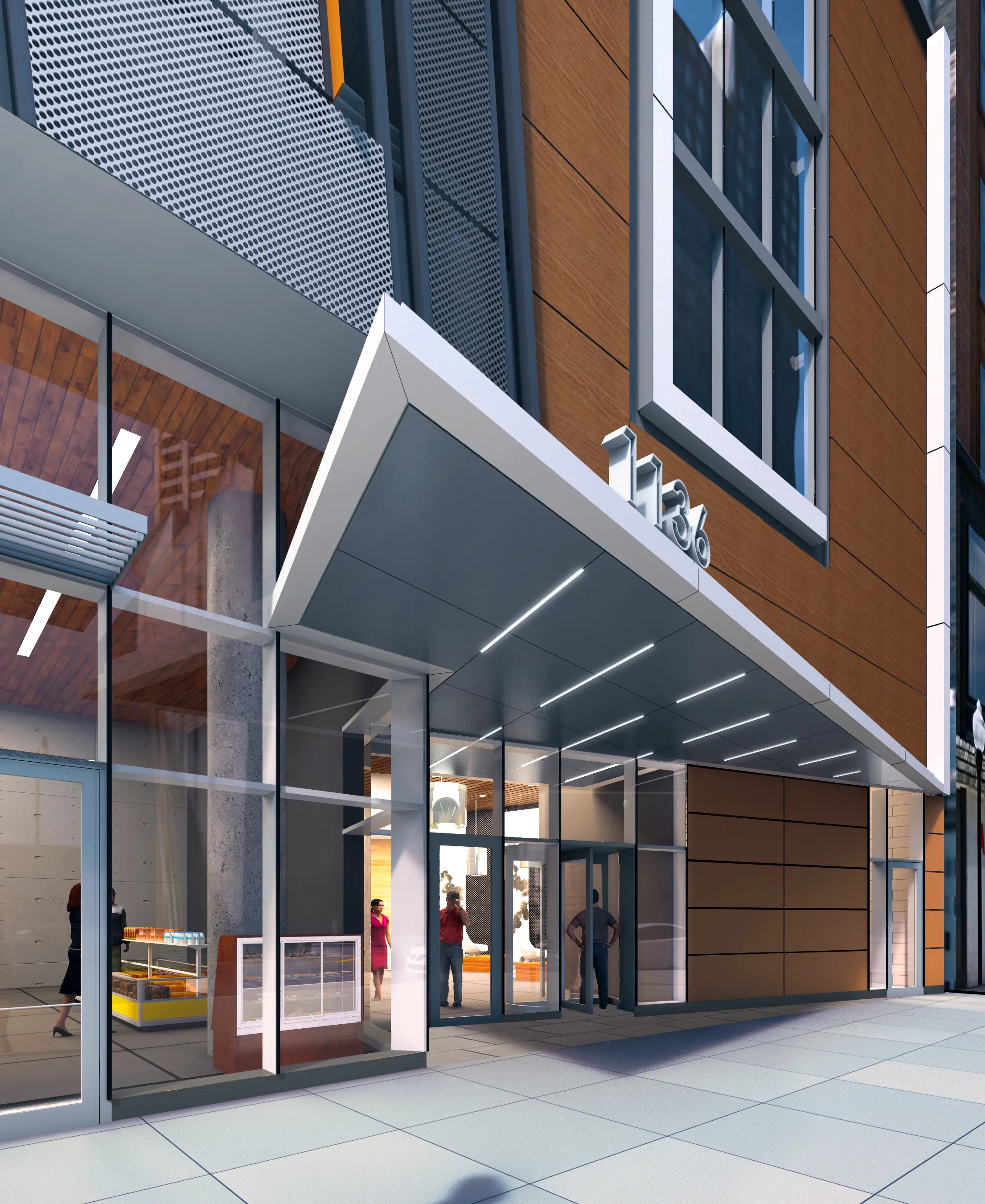 kitchen island, living area and view of the lake at Eleven40 Apartments