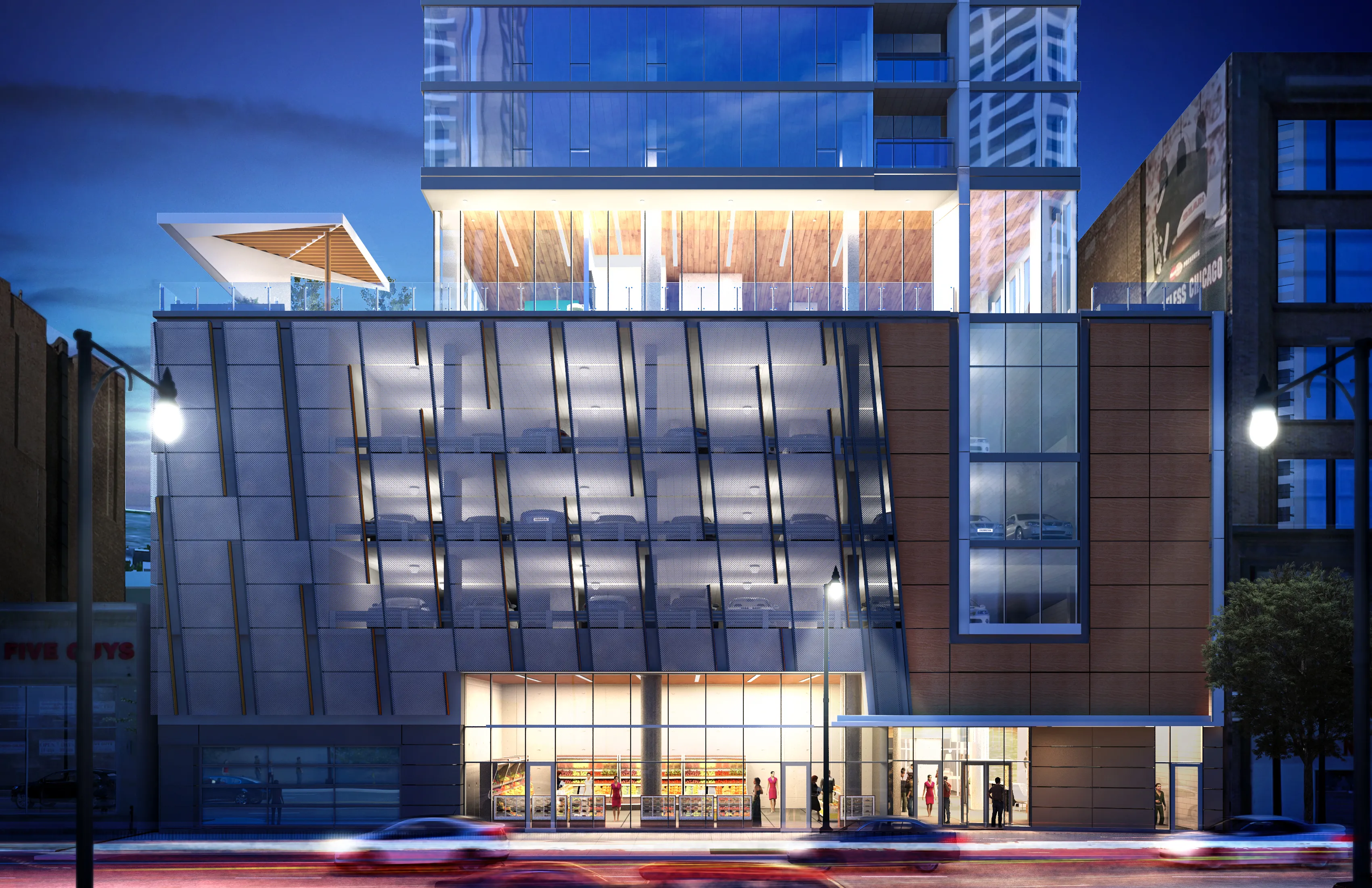 kitchen island, living area and view of the lake at Eleven40 Apartments