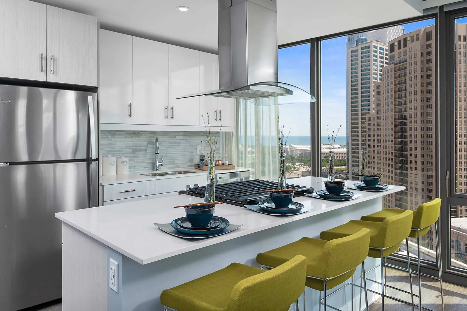 luxury kicthen and island at 1001 South State Apartments in the South Loop