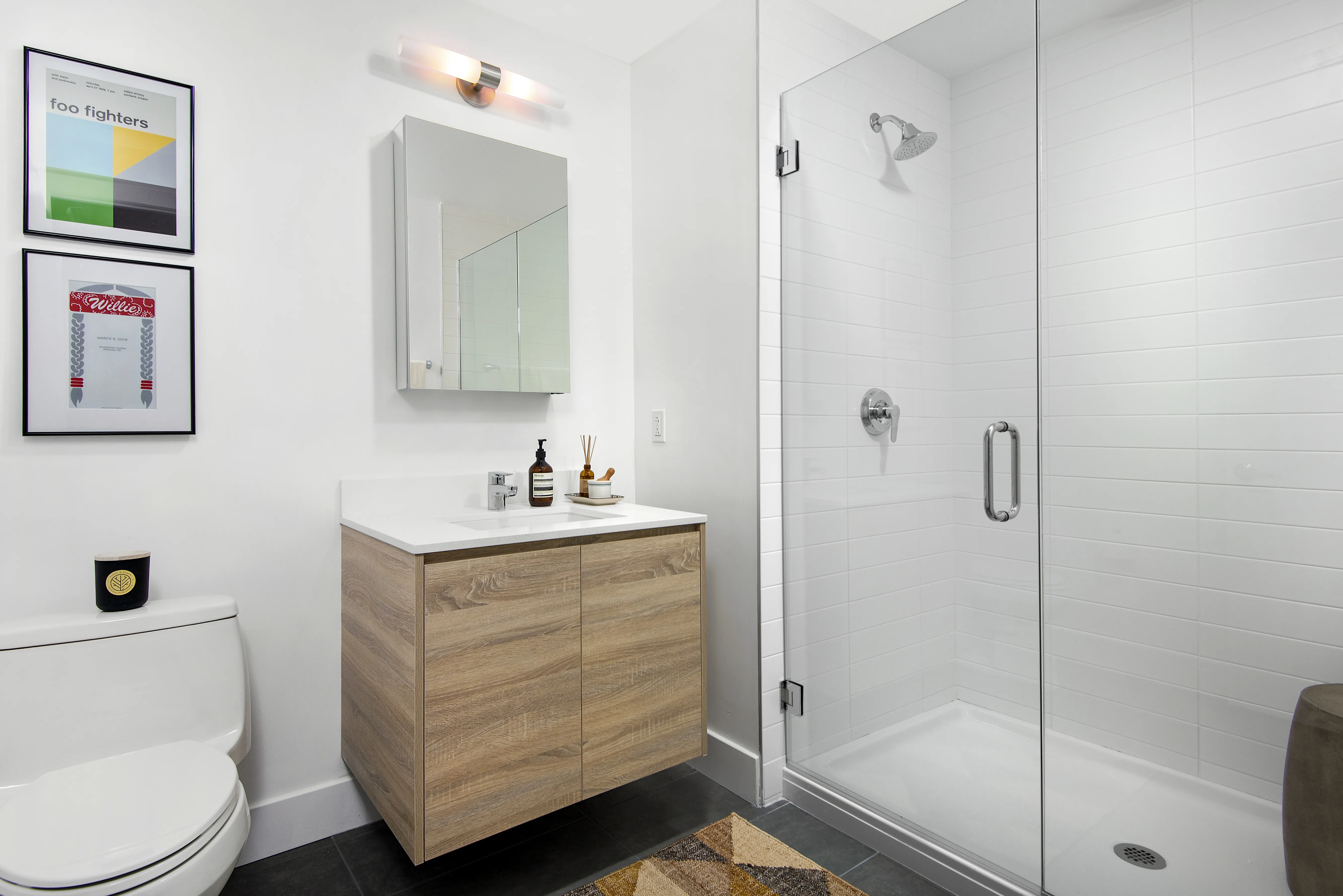 model kitchen, living room and view from Field's Loft Apartments in Chicago