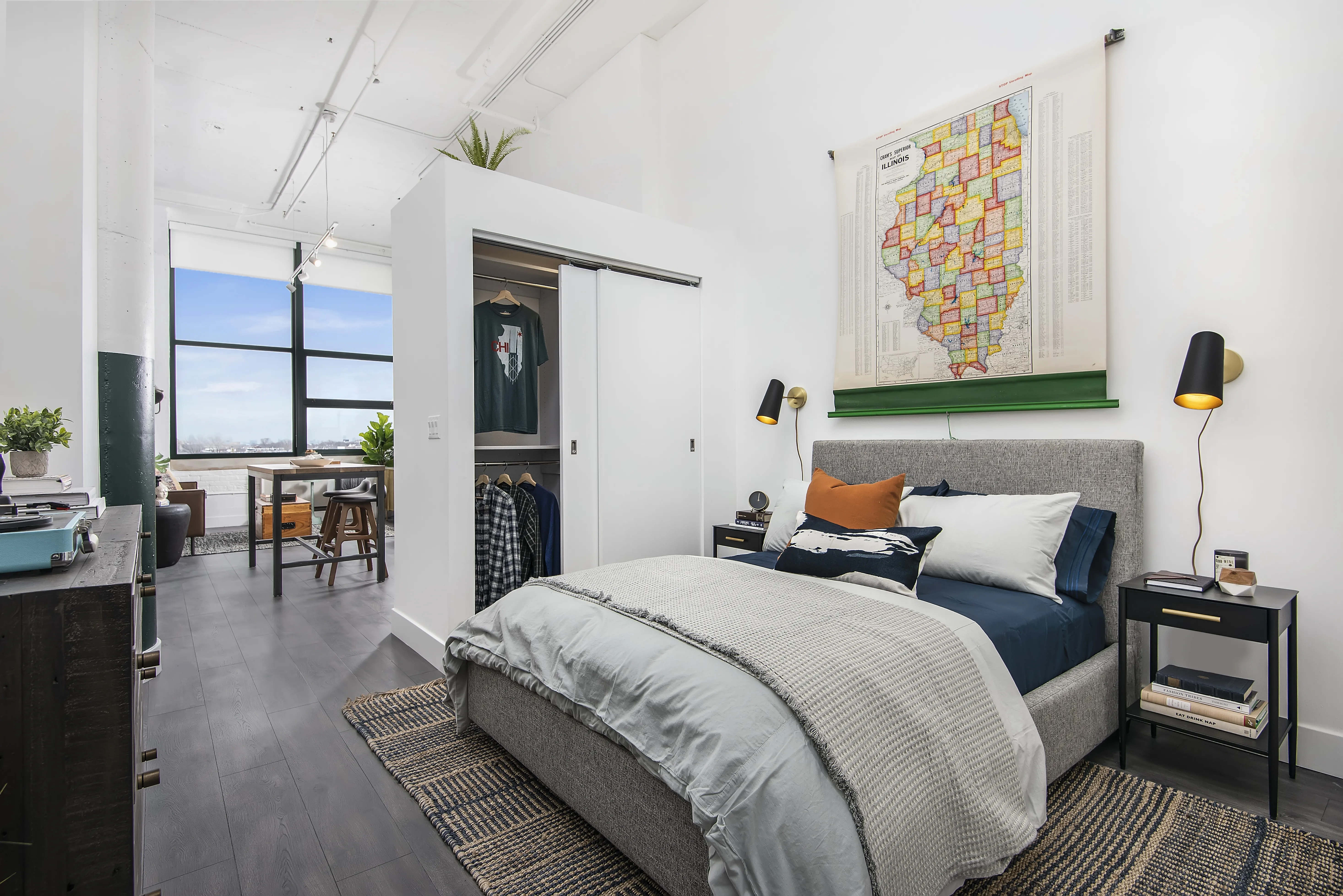 model kitchen, living room and view from Field's Loft Apartments in Chicago