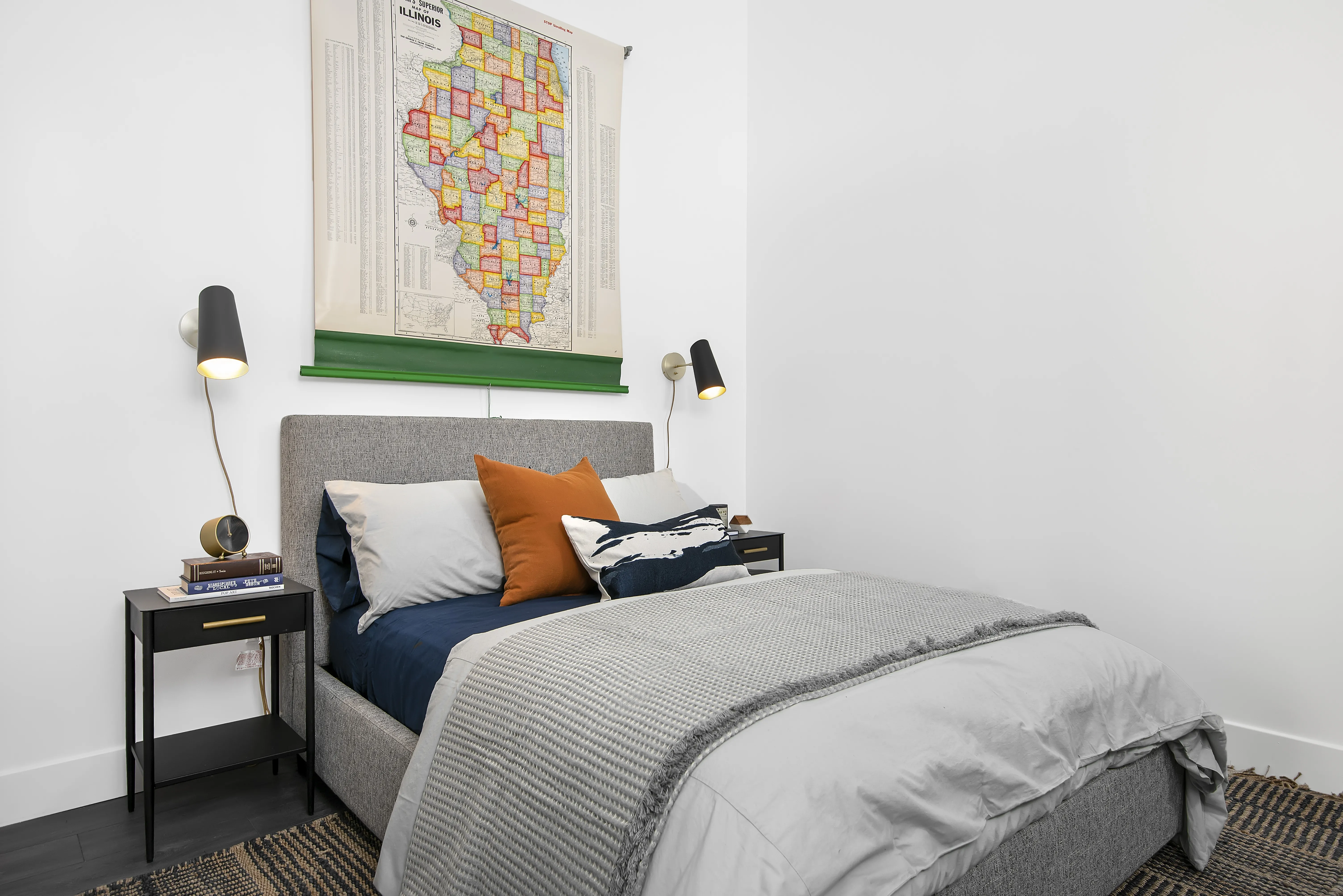 model kitchen, living room and view from Field's Loft Apartments in Chicago