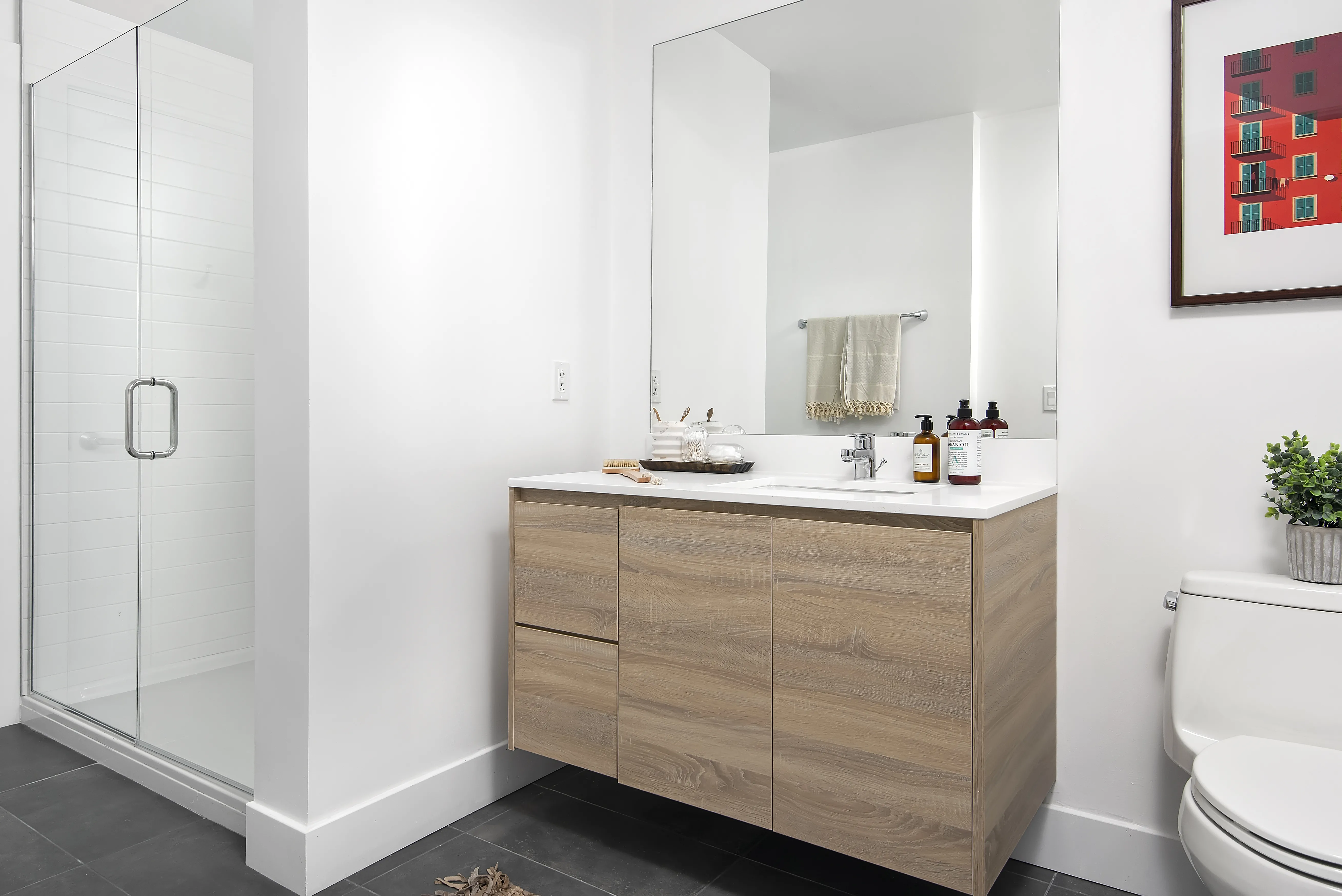 model kitchen, living room and view from Field's Loft Apartments in Chicago