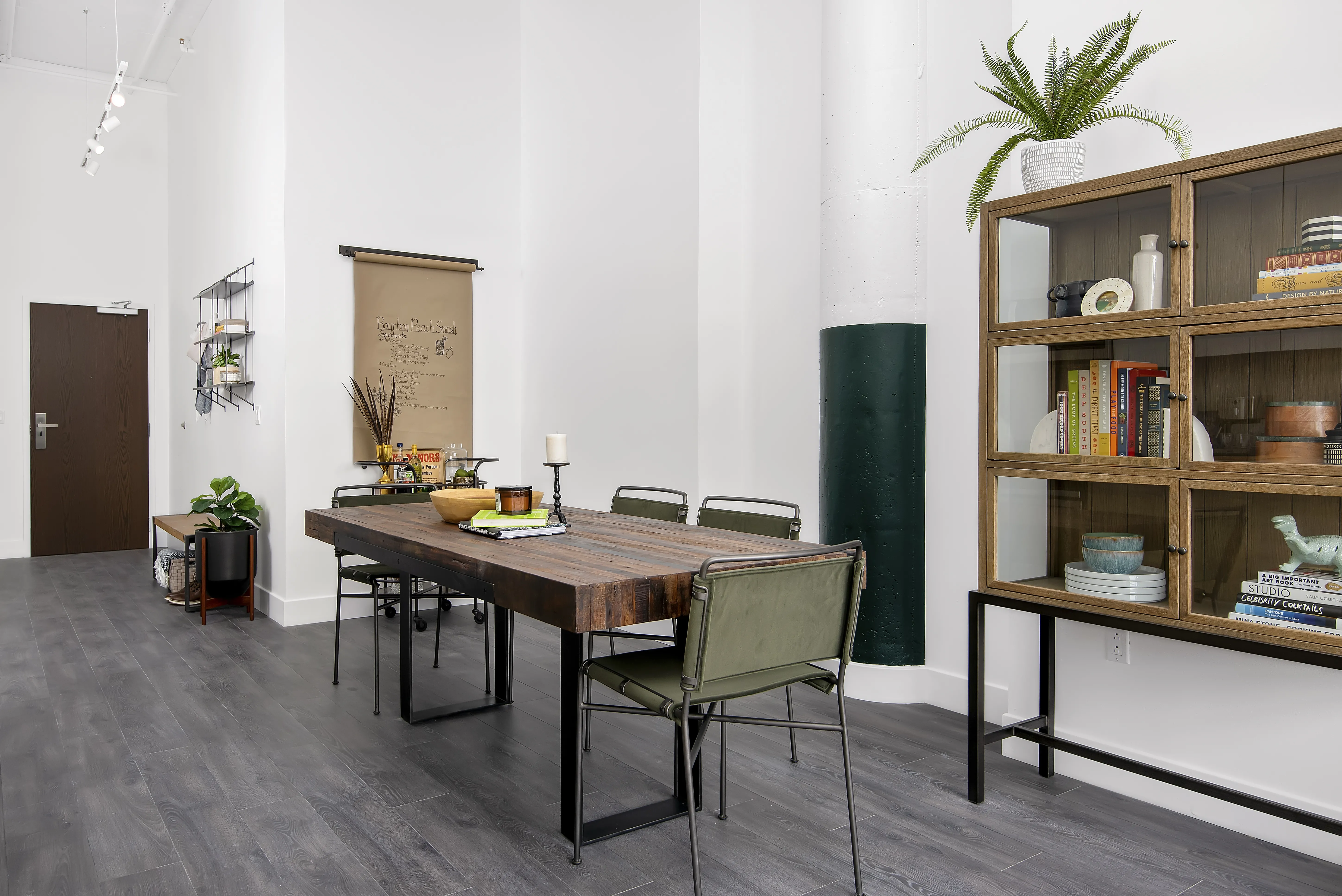 model kitchen, living room and view from Field's Loft Apartments in Chicago