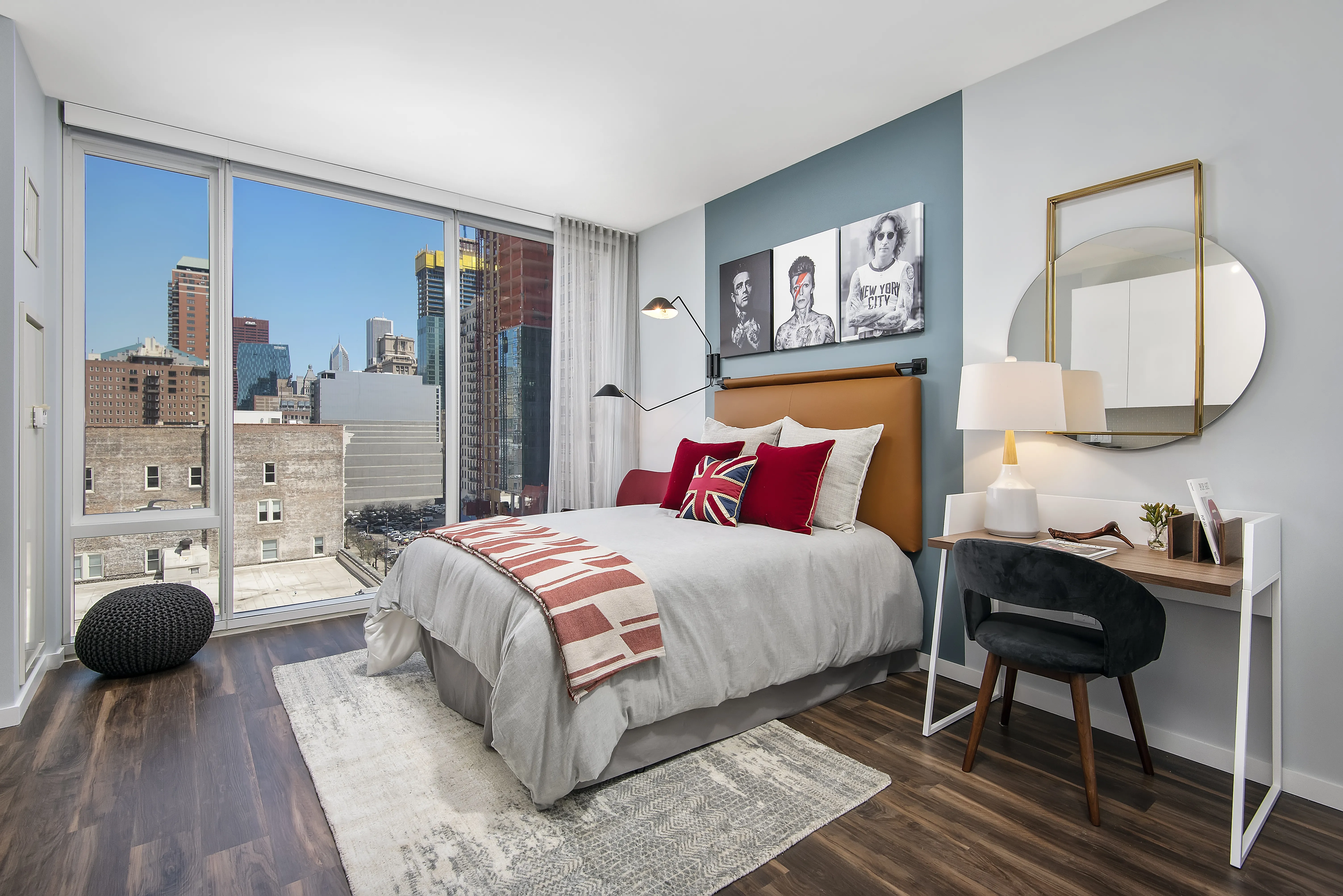 kitchen island, living area and view of the lake at Eleven40 Apartments