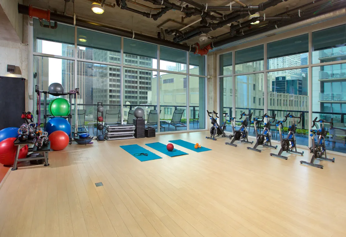living room with wood floors and downtown view at Aston Chicago Apartments