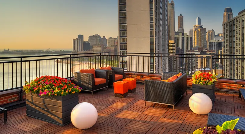 roof deck at 1350 N Lake Shore Apartments with view of downtown Chicago