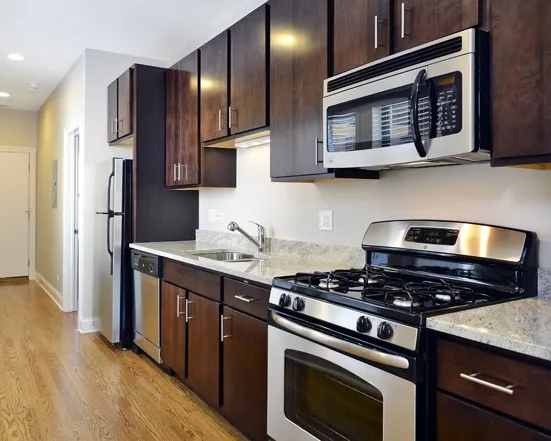 exterior of The Belmont by Reside Flats apartments in Lakeview