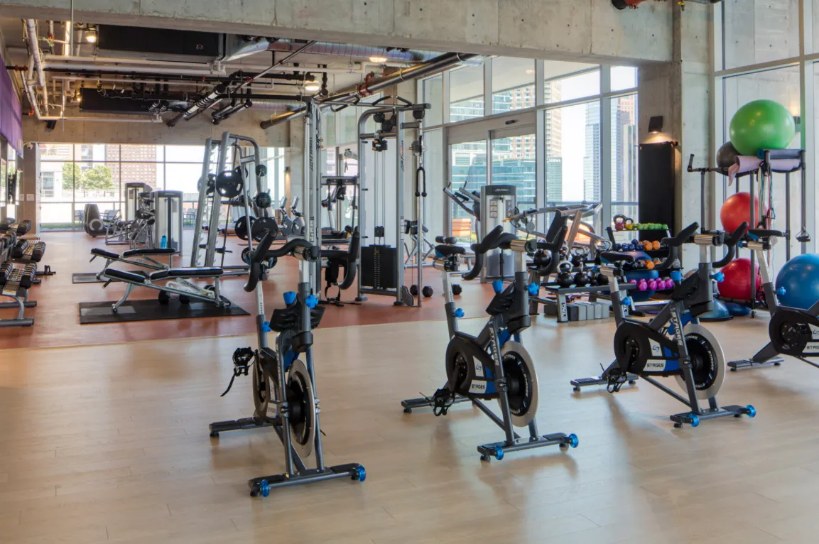 living room with wood floors and downtown view at Aston Chicago Apartments