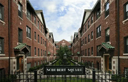 exterior entry courtyard of Schubert Square Apartments in Logan Square