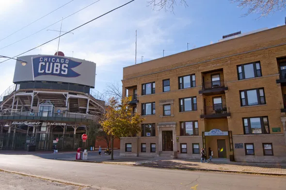 living room looking towards Wrigley Field at 1010 West Waveland Apartments