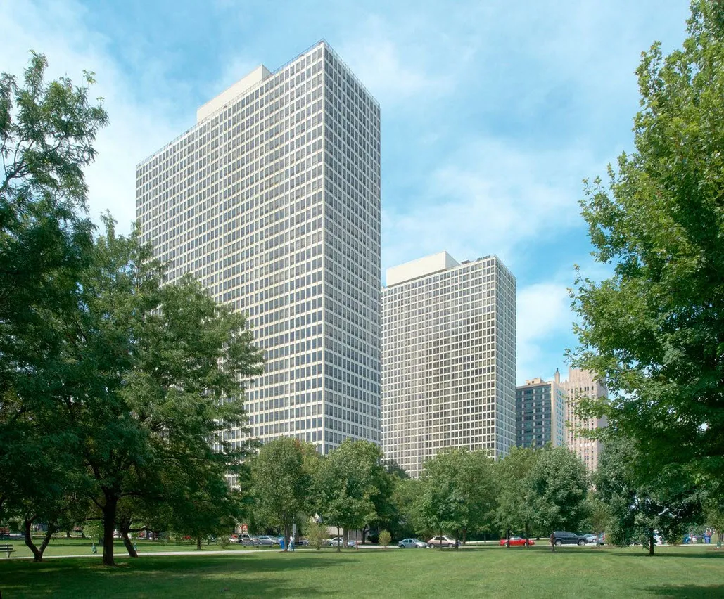 exterior view of the towers of Regents Park Apartments in Hyde Park Chicago
