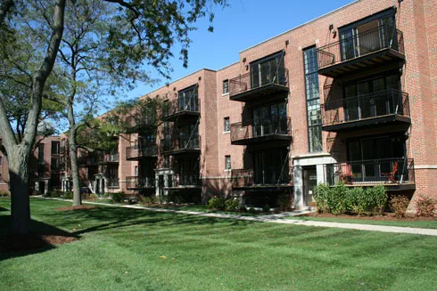 the balconies on the front of 2 South Greenwood Apartments in Park Ridge