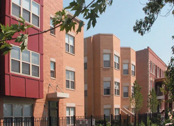 the front of Legends South Apartments in Bronzeville Chicago