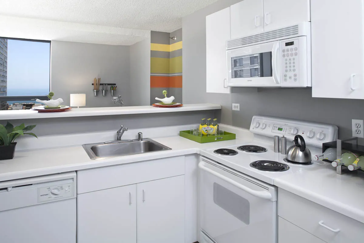 convertible apartment kitchen at Lake Shore Plaza Apartments