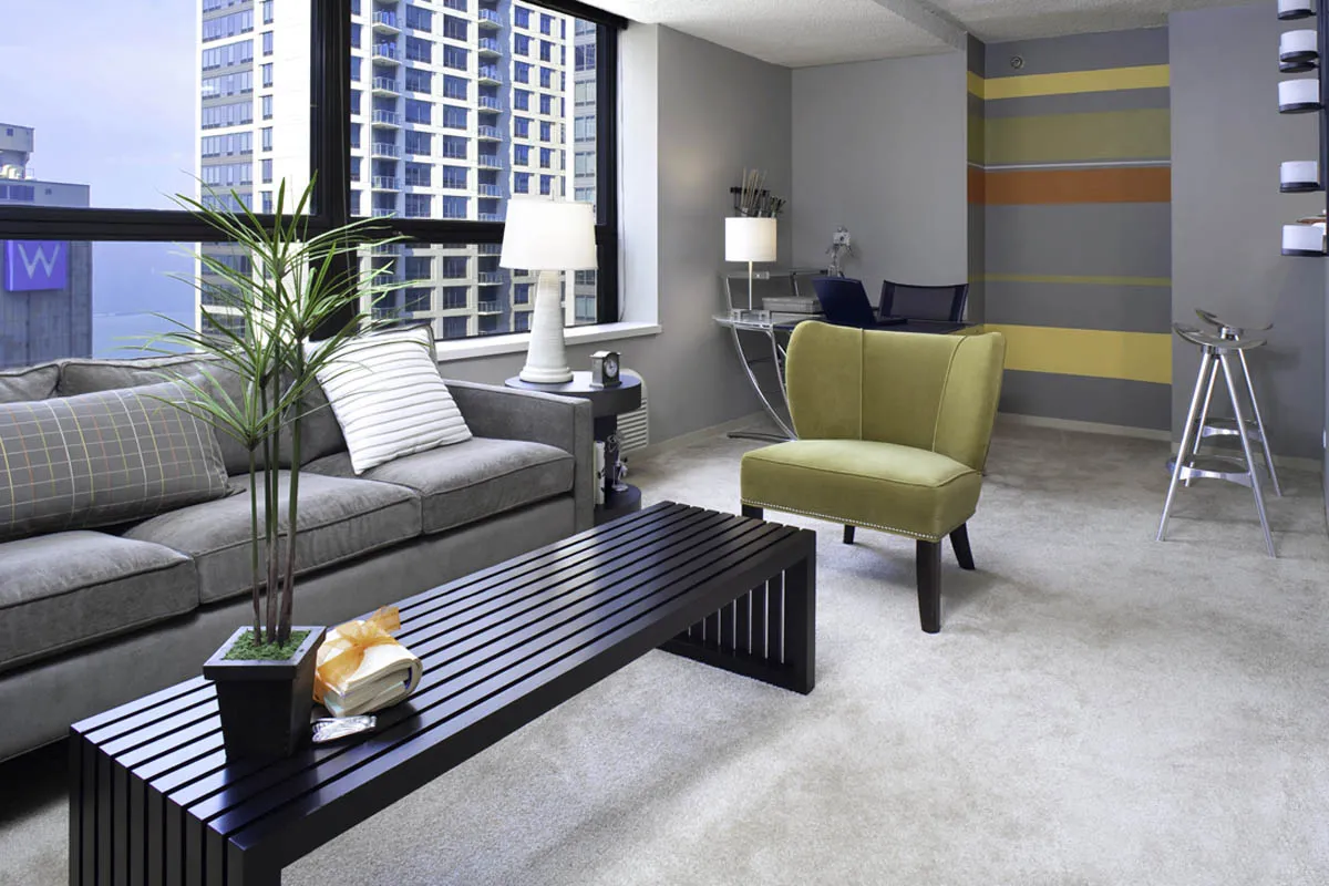 living room and view at Lake Shore Plaza Apartments in Streeterville