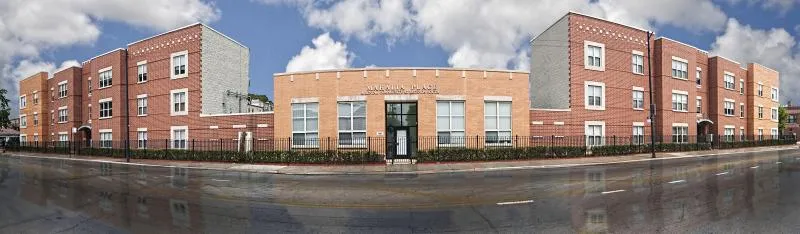 the front of Legends South Apartments in Bronzeville Chicago