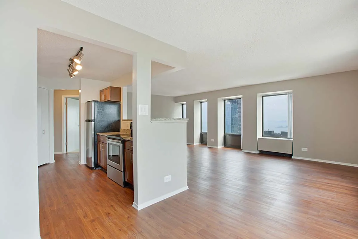 Kitchen and living room at Axis Apartments Chicago in Streeterville