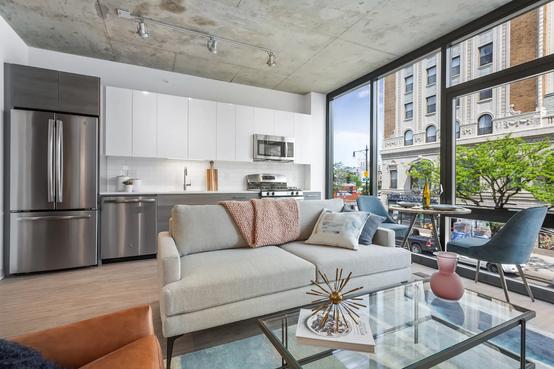 model furnished living room at Upshore Chapter Apartments