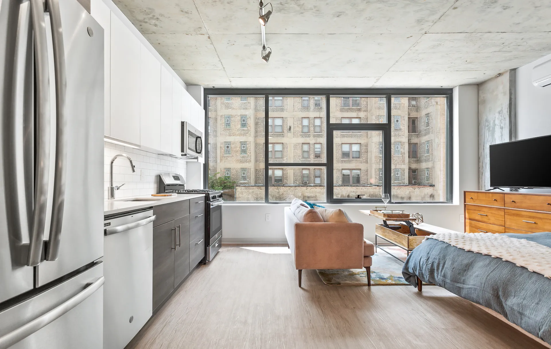 model furnished living room at Upshore Chapter Apartments