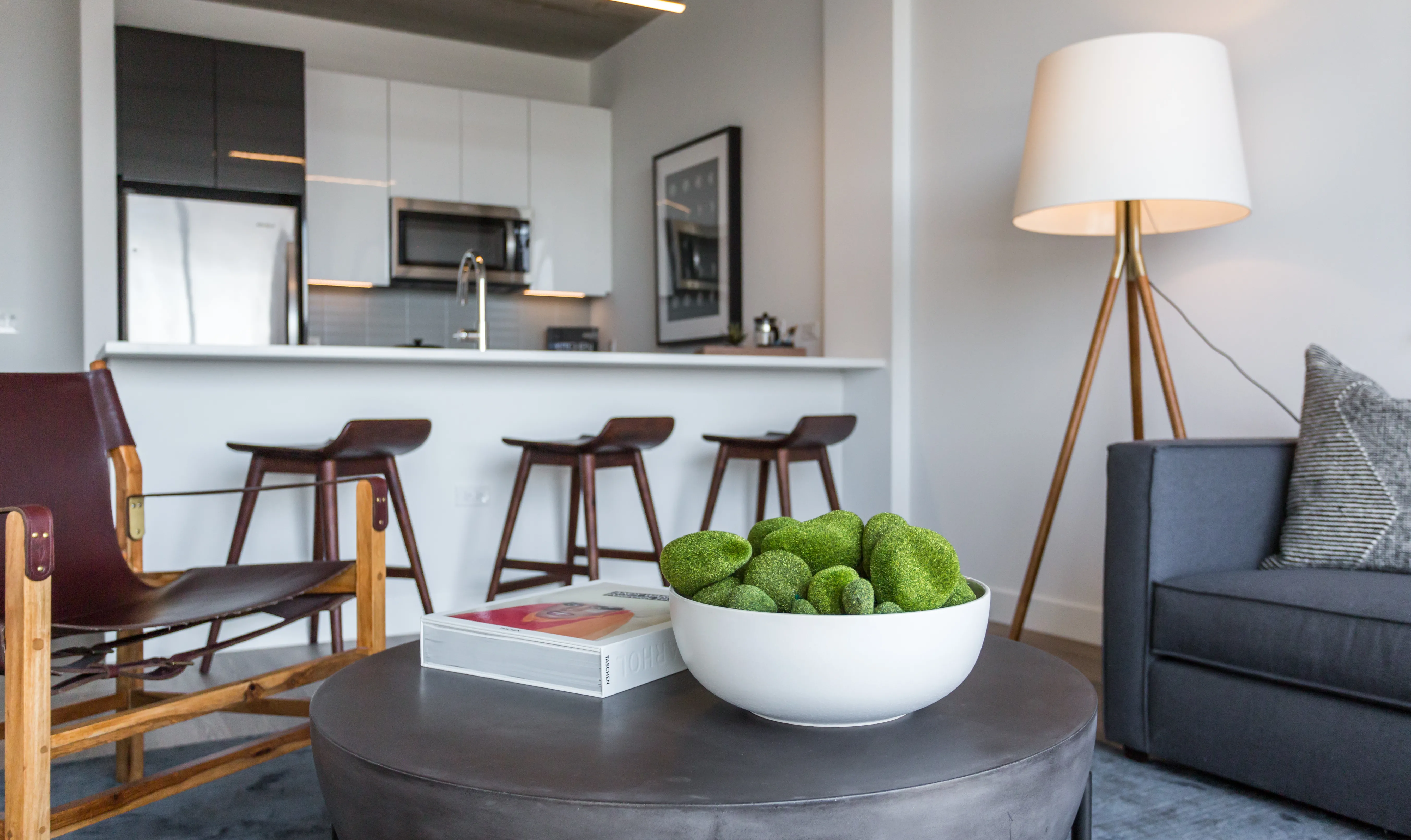 1 bedroom unit kitchen and living at Viridian on Sheridan Apartments