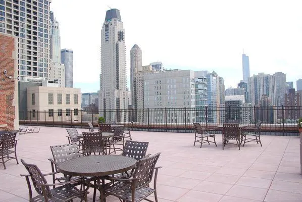 roof deck with looking at downtown Chicago at 1100 North Dearborn Apartment