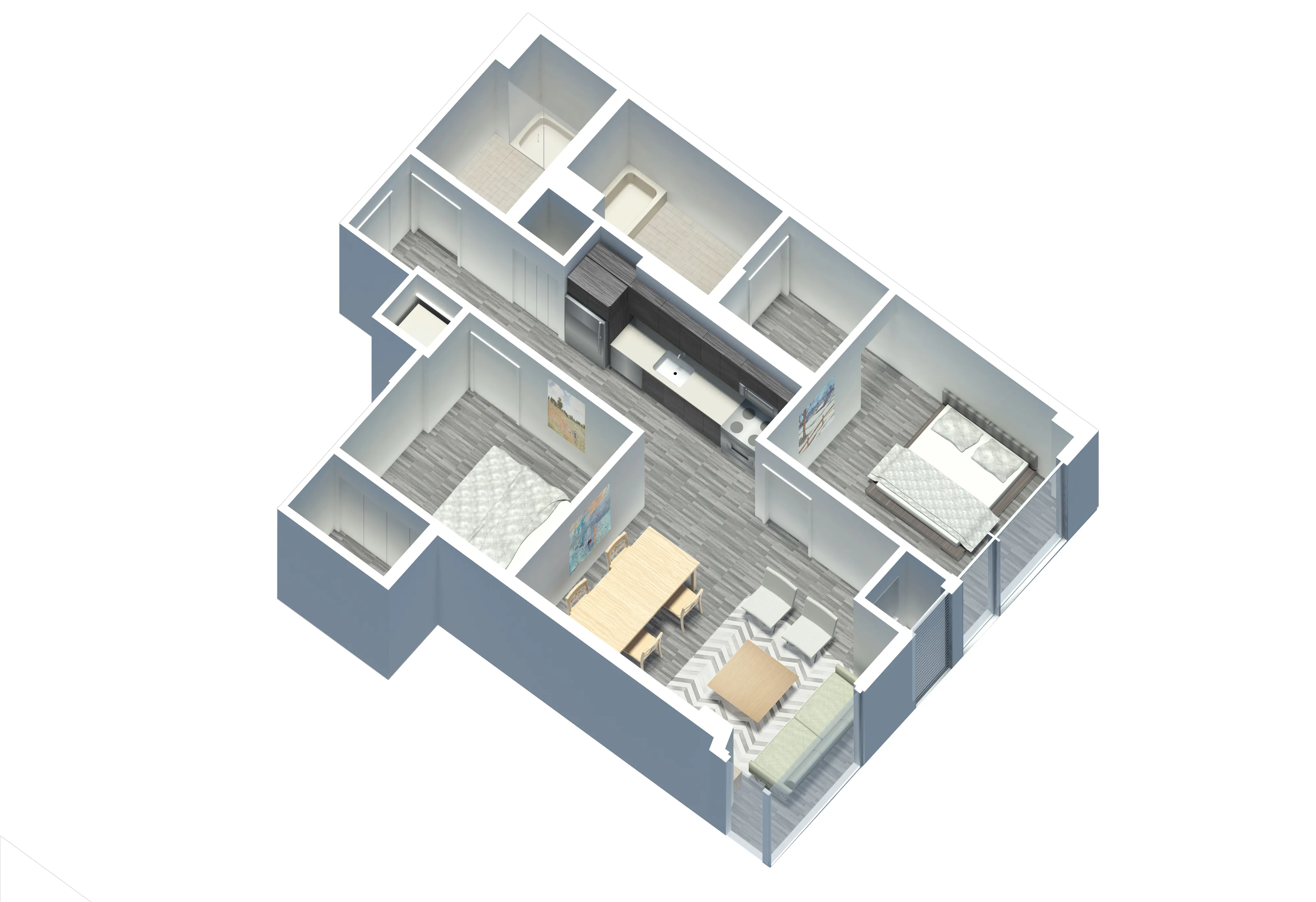 kitchena nd living area with wood floors at The Western 1920 Apartments