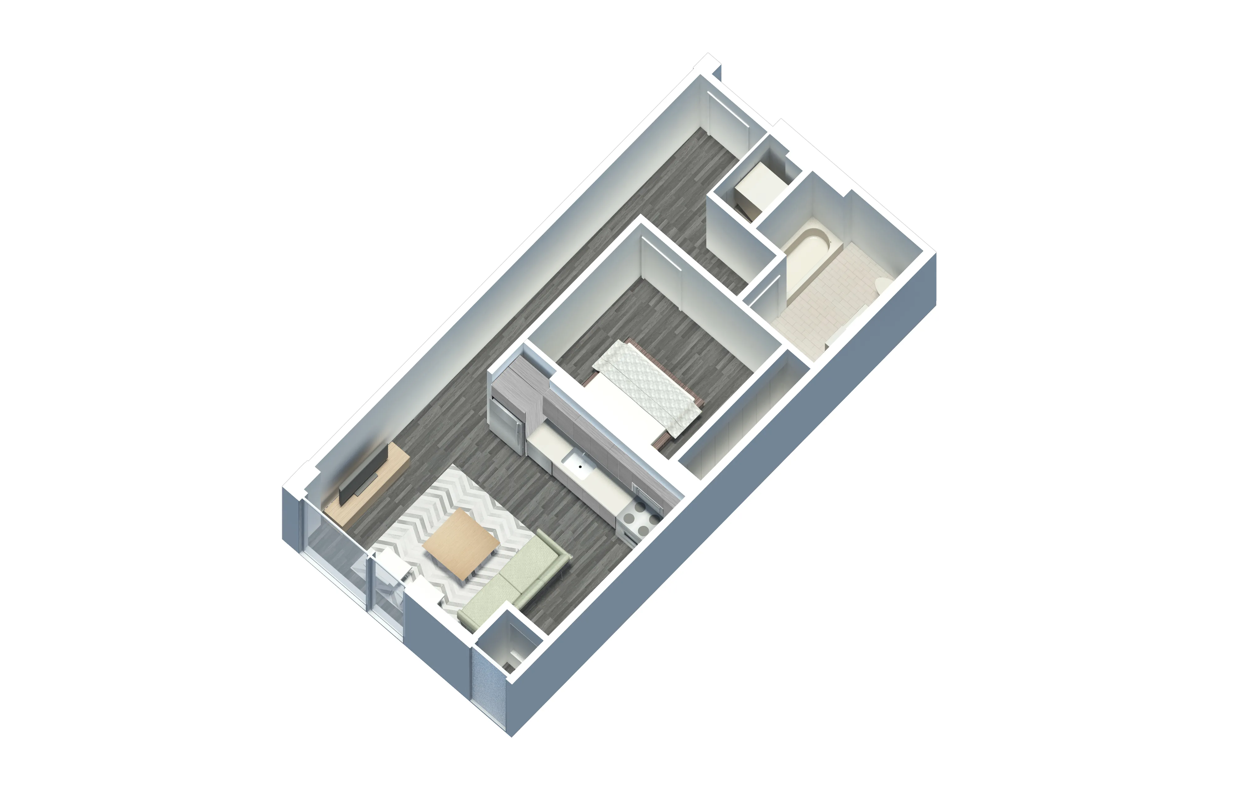 kitchena nd living area with wood floors at The Western 1920 Apartments