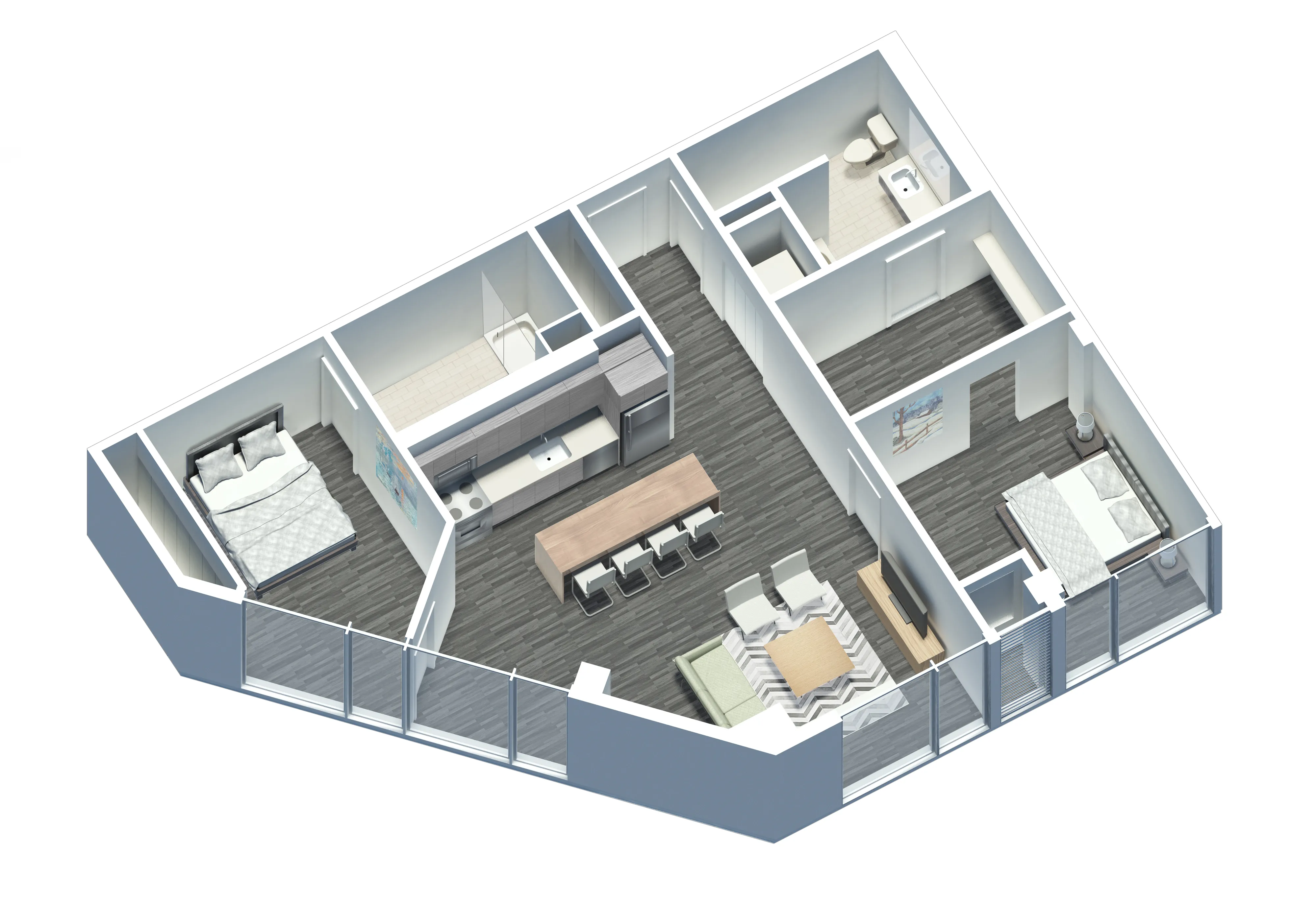 kitchena nd living area with wood floors at The Western 1920 Apartments