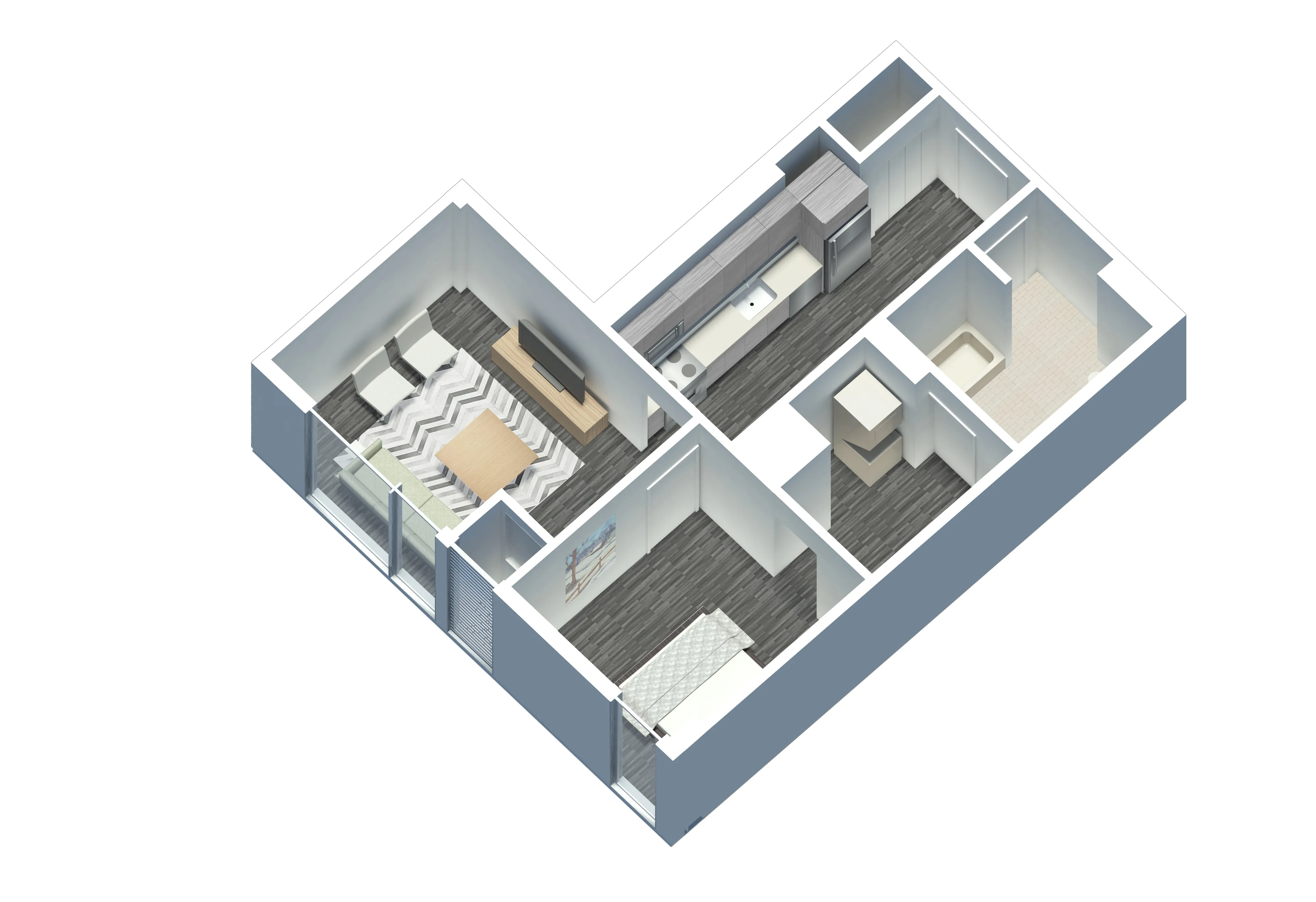 kitchena nd living area with wood floors at The Western 1920 Apartments