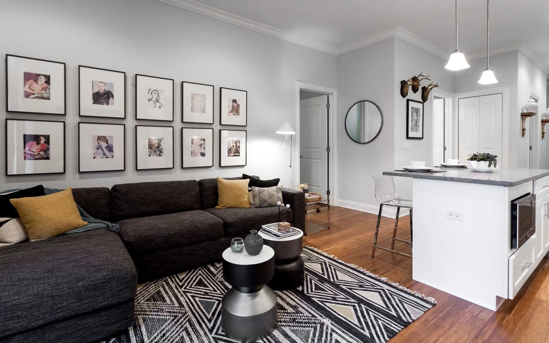 model living room unit at Madison Throop Place Apartments